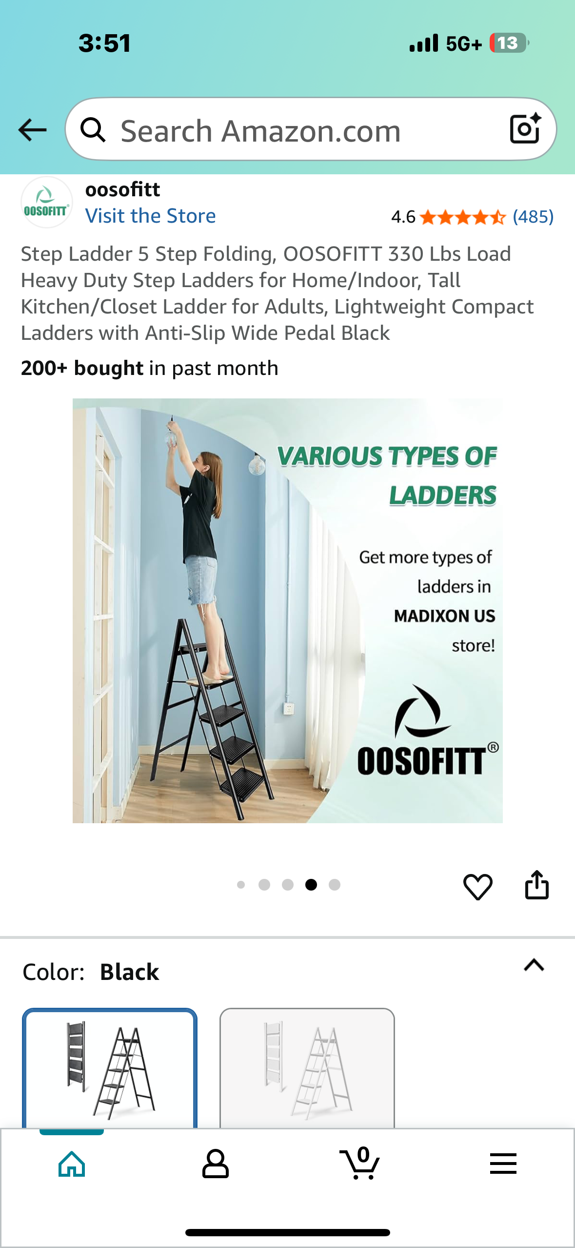 5 Step Folding Step Ladder, 330 Lb Load, Heavy Duty Step Ladder for Home/Indoor, Tall Kitchen/Closet Ladder for Adults, Lightweight Compact Ladder with Anti-Slip Wide Pedal Black (G856)