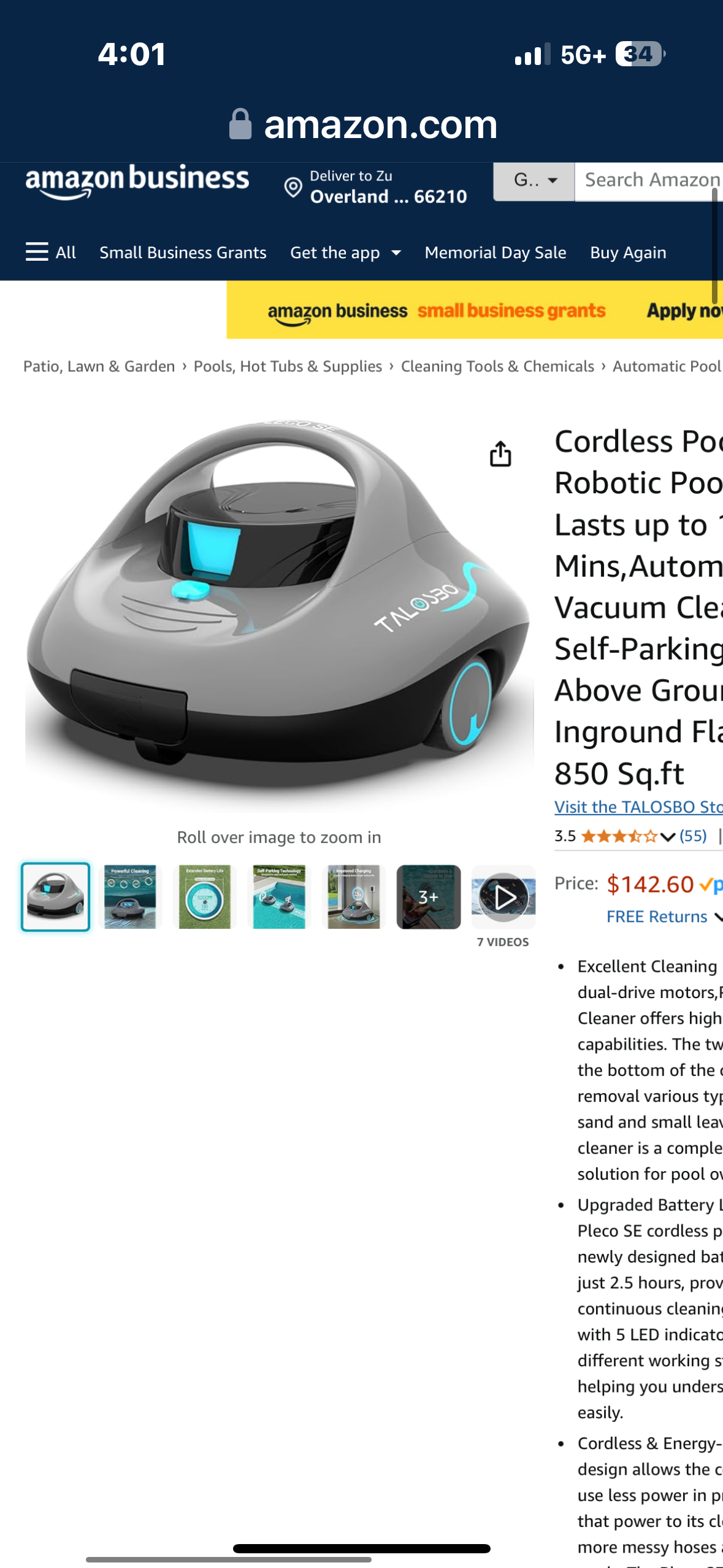 TALOSBO Cordless Robotic Pool Vacuum, Self-Parking, Portable, Ideal for Above-Ground Flat Pool up to 645 Sq.ft, Pleco S1