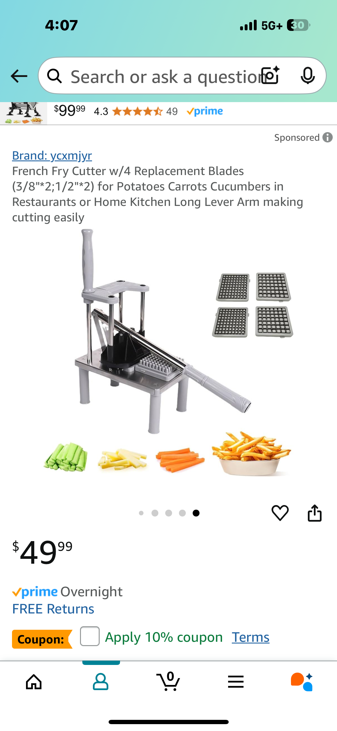 French Fry Cutter w/4 Replacement Blades (3/8"*2;1/2"*2) for Potatoes Carrots Cucumbers in Restaurants or Home Kitchen Long Lever Arm making cutting easily