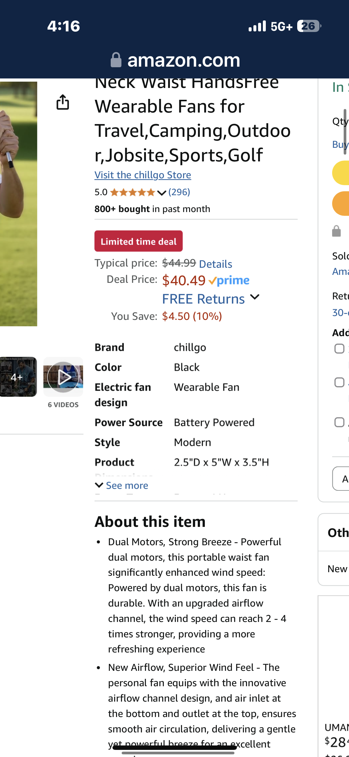 chillgo Rechargeable Waist Fan, Portable Dual Cooling Fan with USB Ports, Orange