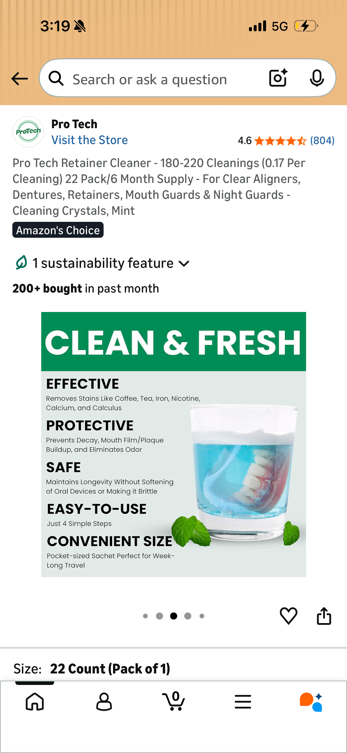Pro Tech Retainer Cleaner - 180-220 Cleanings (0.17 Per Cleaning) 22 Pack/6 Month Supply - For Clear Aligners, Dentures, Retainers, Mouth Guards & Night Guards - Cleaning Crystals, Mint