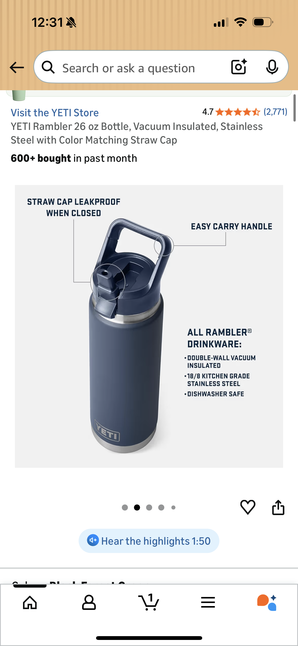 YETI Rambler 26 oz Bottle, Vacuum Insulated, Stainless Steel with Straw Cap