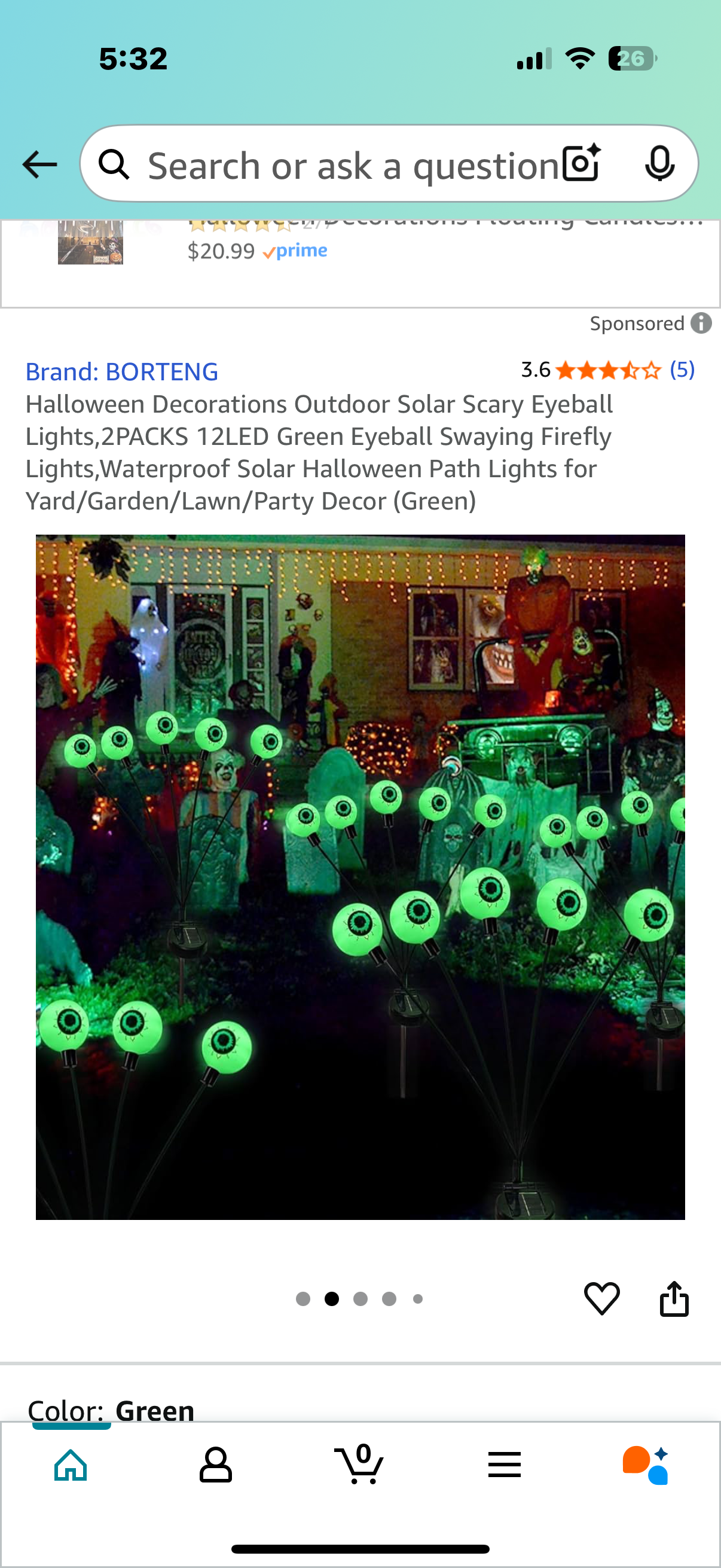 Halloween Decorations Outdoor Solar Scary Eyeball Lights,2PACKS 12LED Green Eyeball Swaying Firefly Lights,Waterproof Solar Halloween Path Lights for Yard/Garden/Lawn/Party Decor (Green