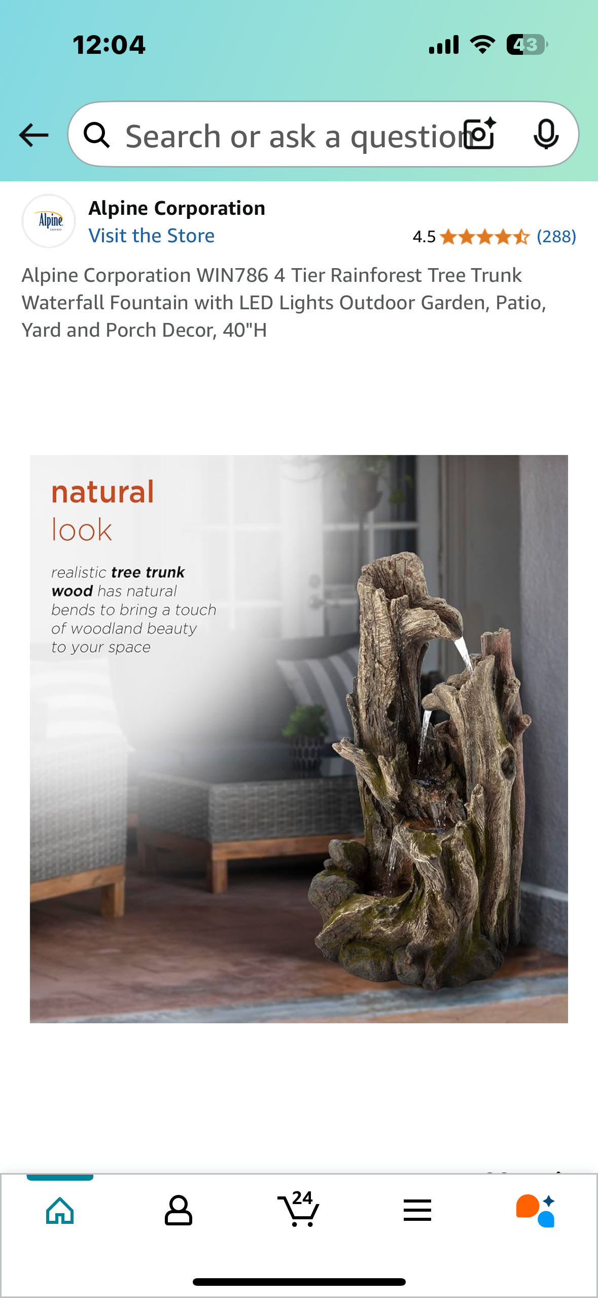 New - 4 Tier Rainforest Tree Trunk Waterfall Fountain with LED Lights, 40” High, Alpine Corporation WIN786 (W442)