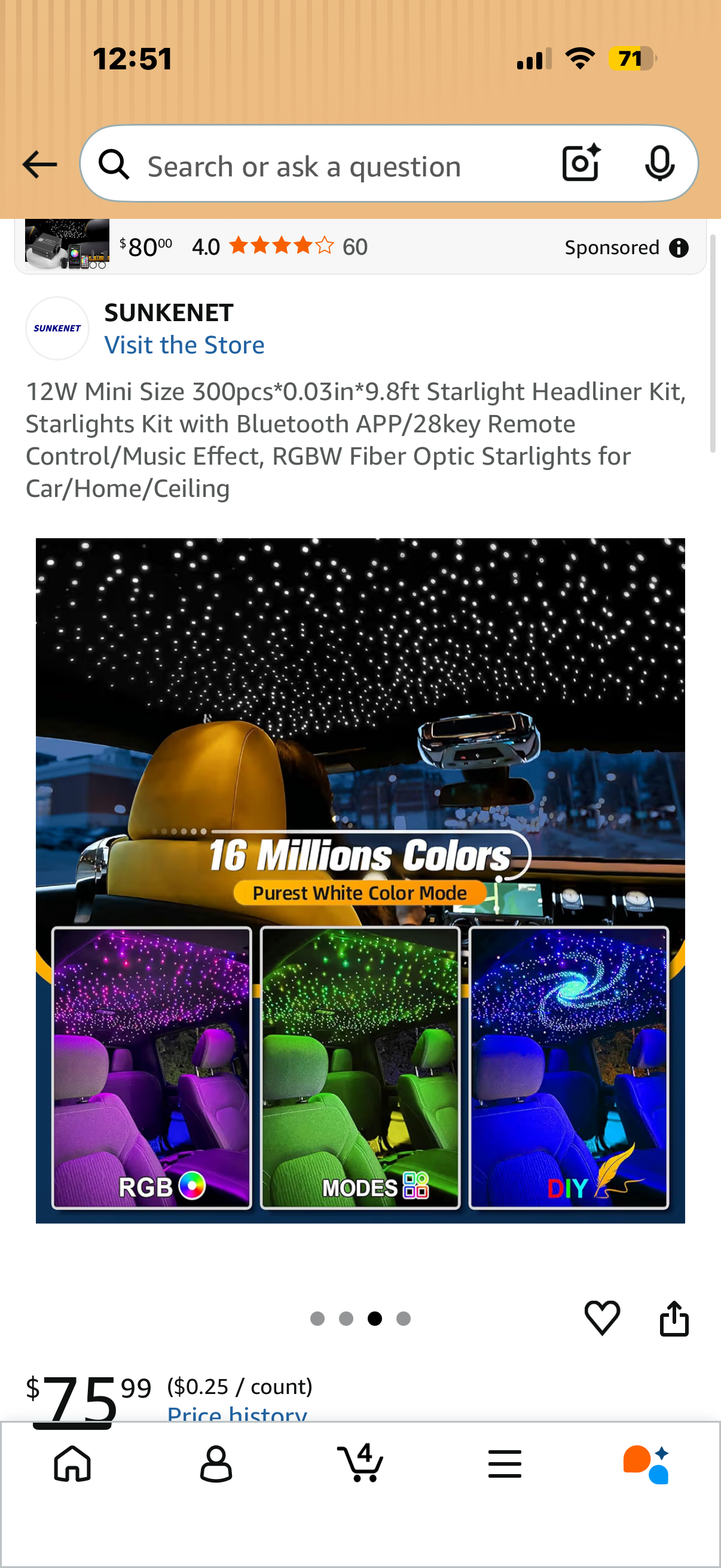 12W Mini Size 300pcs*0.03in*9.8ft Starlight Headliner Kit, Starlights Kit with Bluetooth APP/28key Remote Control/Music Effect, RGBW Fiber Optic Starlights for Car/Home/Ceiling