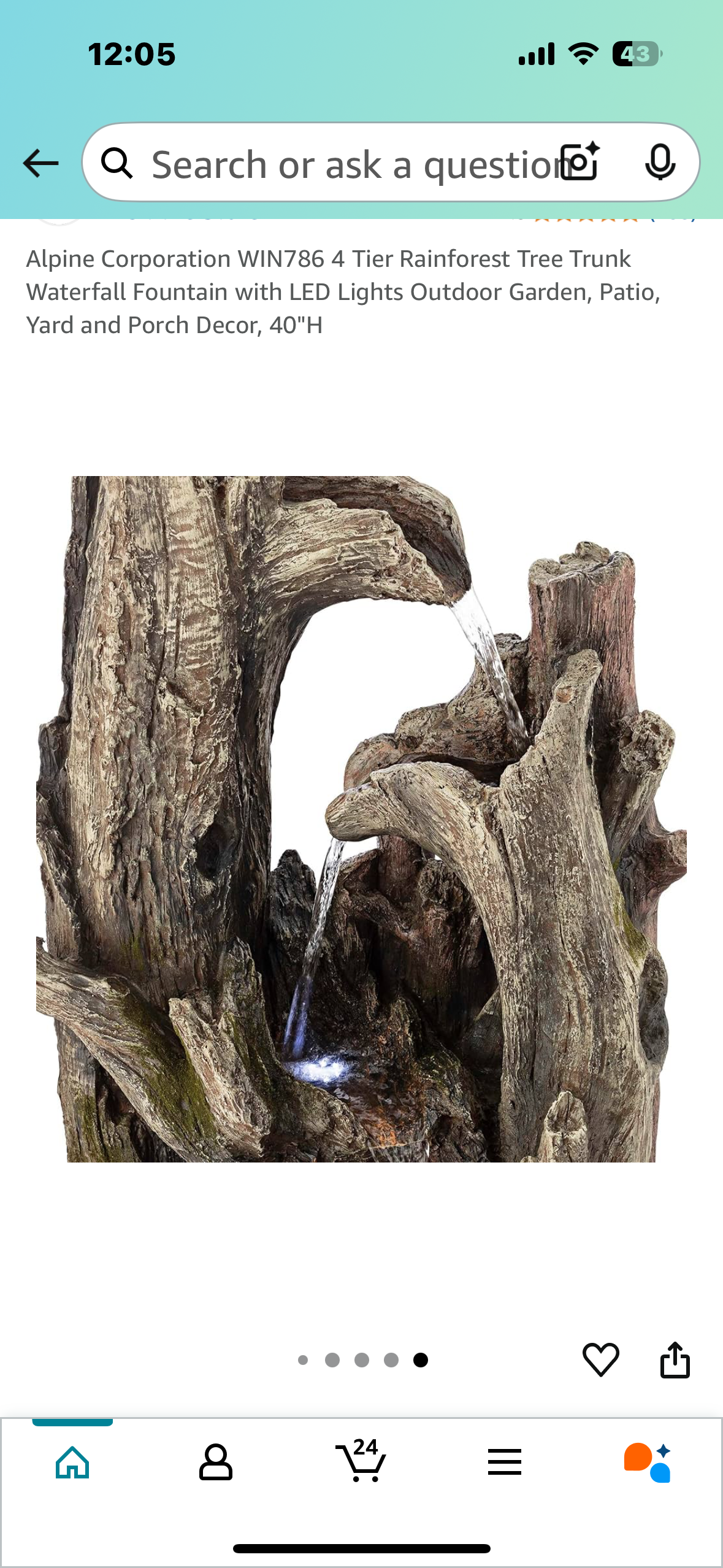 New - 4 Tier Rainforest Tree Trunk Waterfall Fountain with LED Lights, 40” High, Alpine Corporation WIN786 (W442)