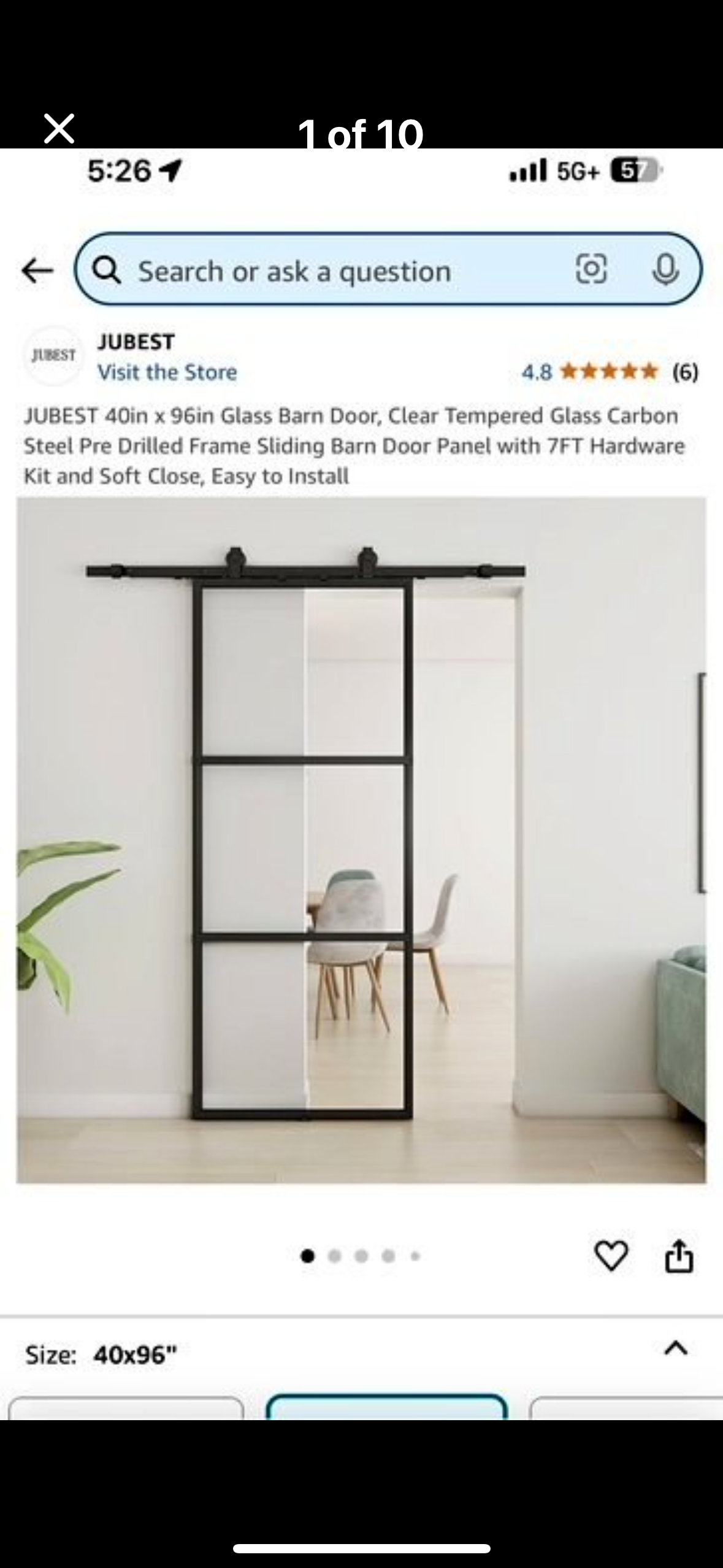 New - JUBEST 40”x 96” Glass Barn Door, Clear Tempered Glass, Carbon Steel Pre Drilled Frame, Sliding Barn Door Panel with 7’ Hardware Kit, Easy to Install (L543)