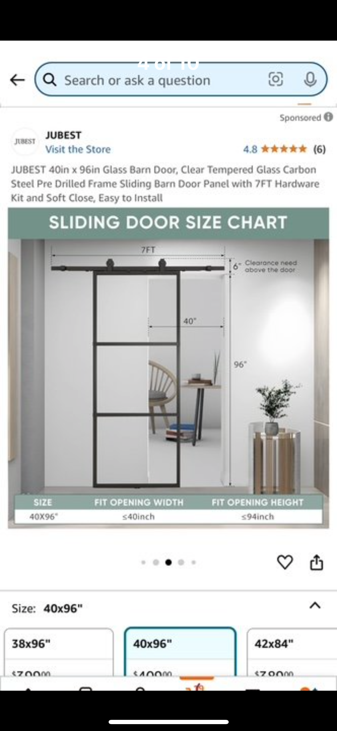 New - JUBEST 40”x 96” Glass Barn Door, Clear Tempered Glass, Carbon Steel Pre Drilled Frame, Sliding Barn Door Panel with 7’ Hardware Kit, Easy to Install (L543)