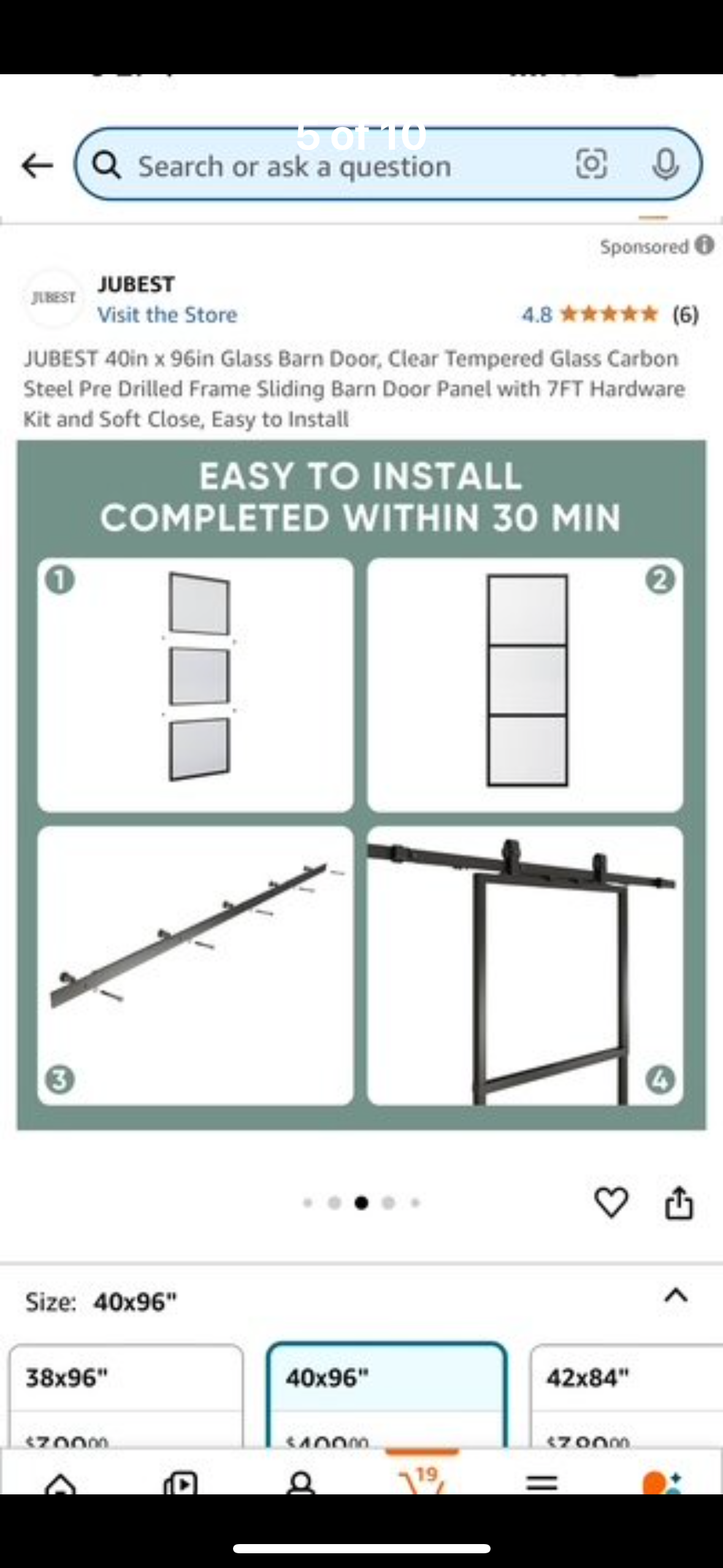 New - JUBEST 40”x 96” Glass Barn Door, Clear Tempered Glass, Carbon Steel Pre Drilled Frame, Sliding Barn Door Panel with 7’ Hardware Kit, Easy to Install (L543)
