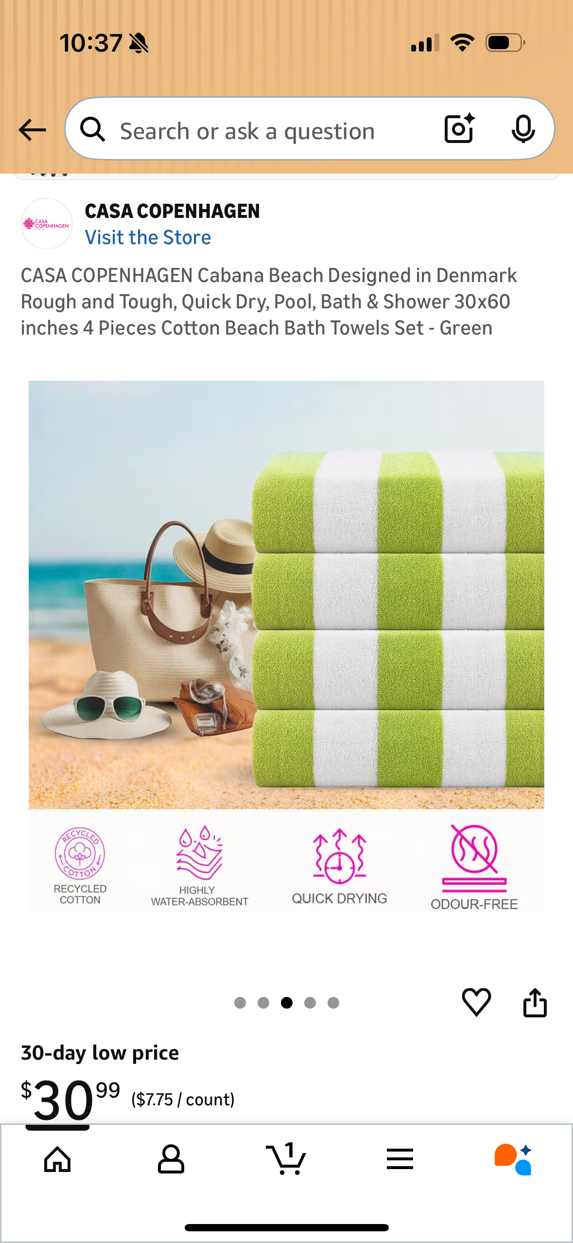 CASA COPENHAGEN Cabana Beach Designed in Denmark Rough and Tough, Quick Dry, Pool, Bath & Shower 30x60 inches 4 Pieces Cotton Beach Bath Towels Set - Green