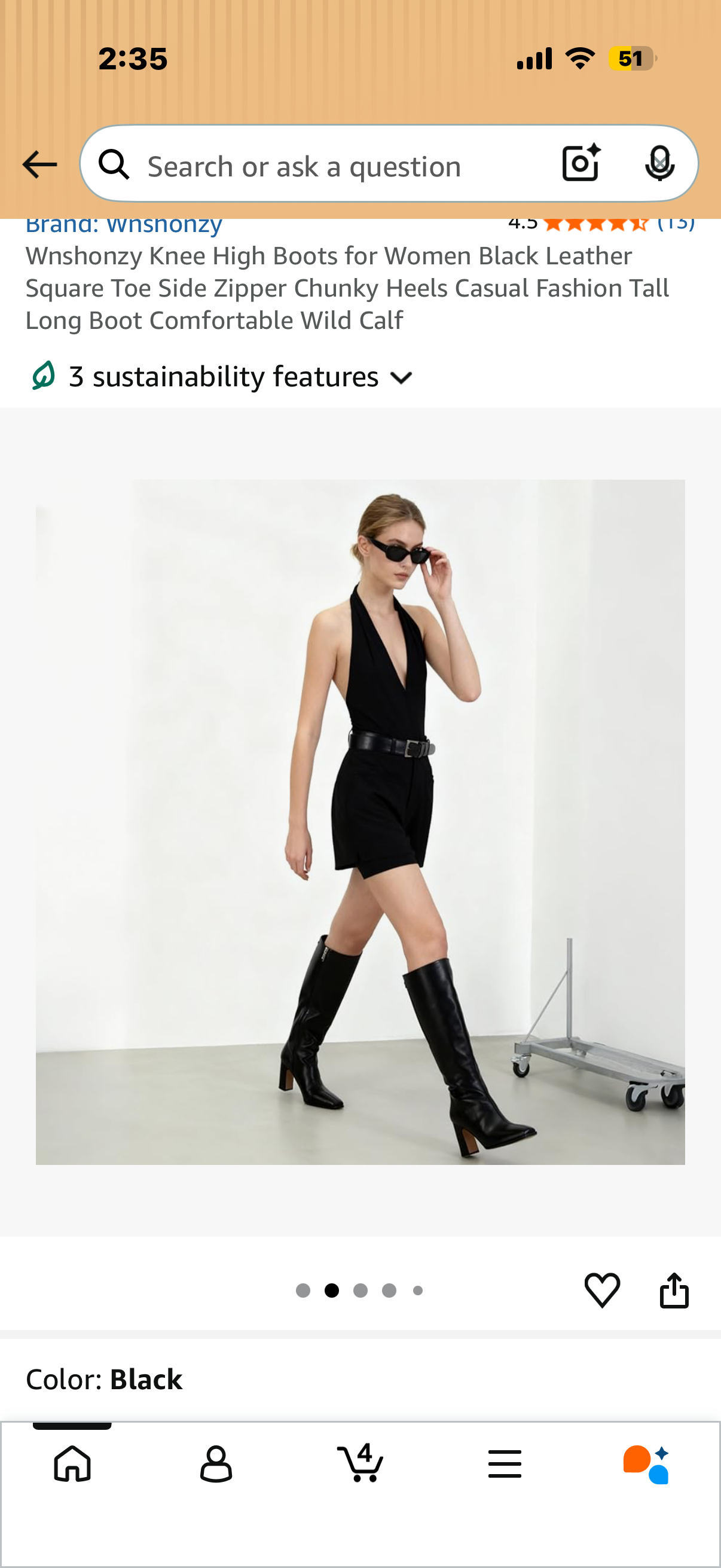 Wnshonzy Knee High Boots for Women Black Leather Square Toe Side Zipper Chunky Heels Casual Fashion Tall Long Boot Comfortable Wide Calf (Size 8)