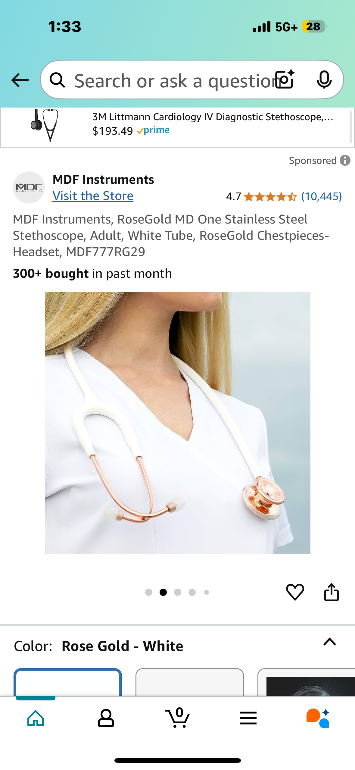 MDF Instruments, RoseGold MD One Stainless Steel Stethoscope, Adult, White Tube, RoseGold Chestpieces-Headset, MDF777RG29