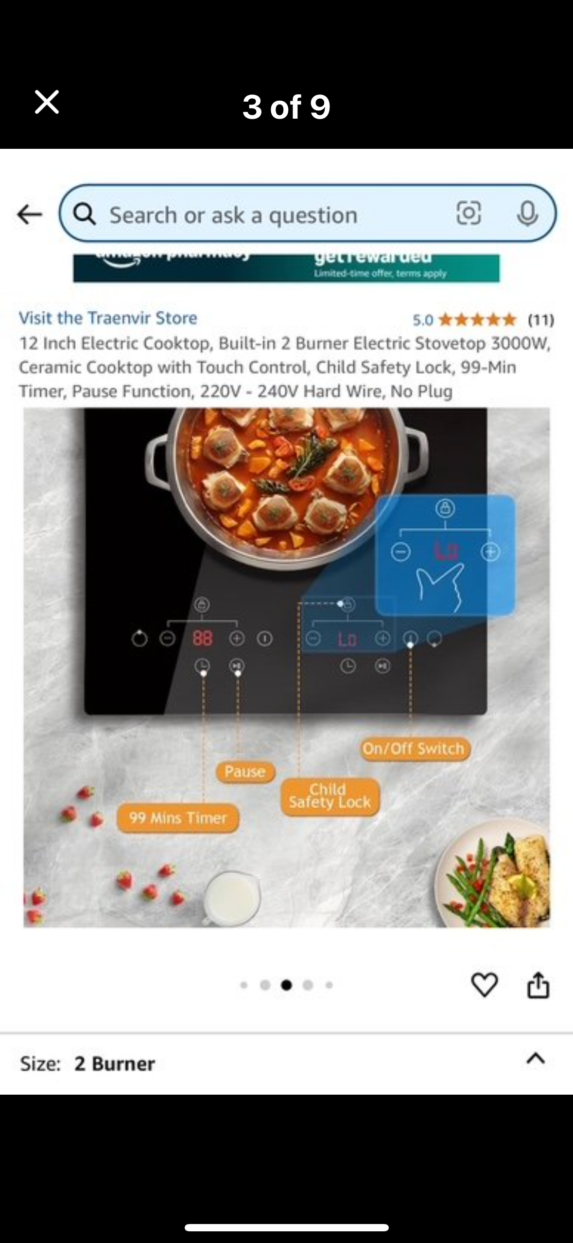 New - 12 Inch Electric Cooktop, Built-in 2 Burner Electric Stovetop 3000W, Ceramic Cooktop with Touch Control, Child Safety Lock (L532)