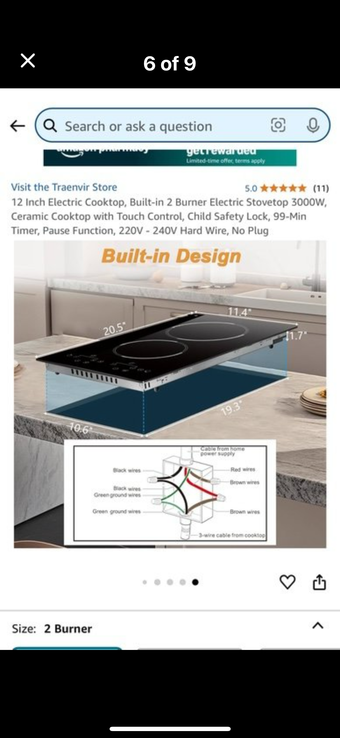 New - 12 Inch Electric Cooktop, Built-in 2 Burner Electric Stovetop 3000W, Ceramic Cooktop with Touch Control, Child Safety Lock (L532)