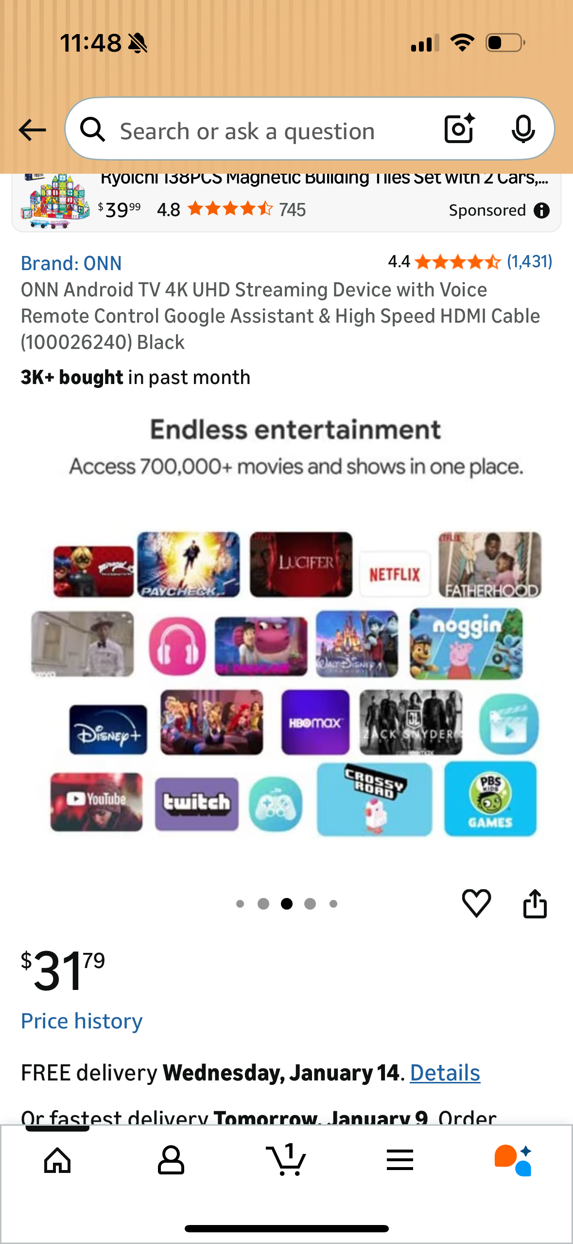 ONN Android TV 4K UHD Streaming Device with Voice Remote Control Google Assistant & High Speed HDMI Cable Black