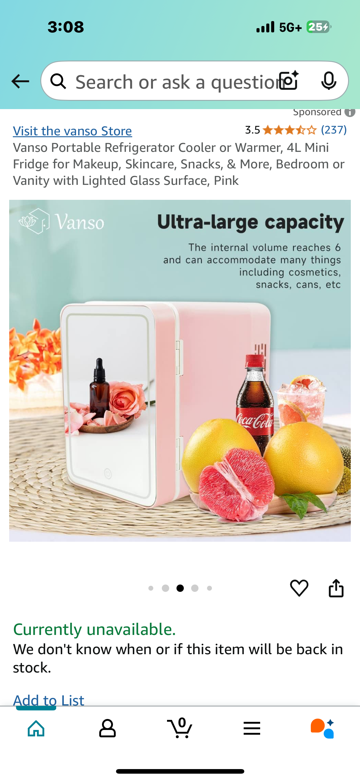 Vanso Portable Refrigerator Cooler or Warmer, 4L Mini Fridge for Makeup, Skincare, Snacks, & More, Bedroom or Vanity with Lighted Glass Surface, Pink