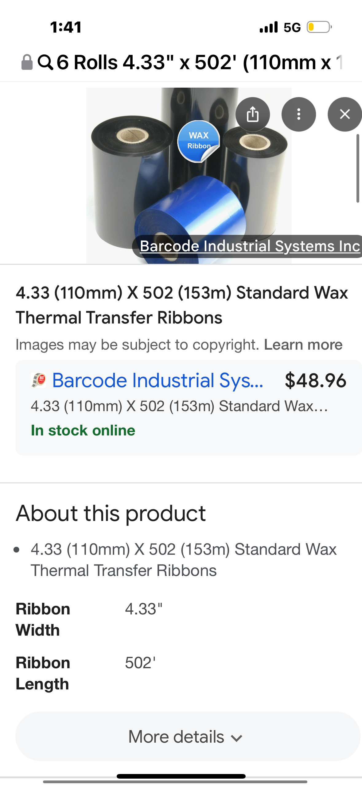 6 Rolls 4.33" x 502' (110mm x 153m) Enhanced Wax Thermal Transfer Ribbon, Core 1", Black, CSO (Coated Side Out), Barcode Ribbon Compatible with Intermec Printers