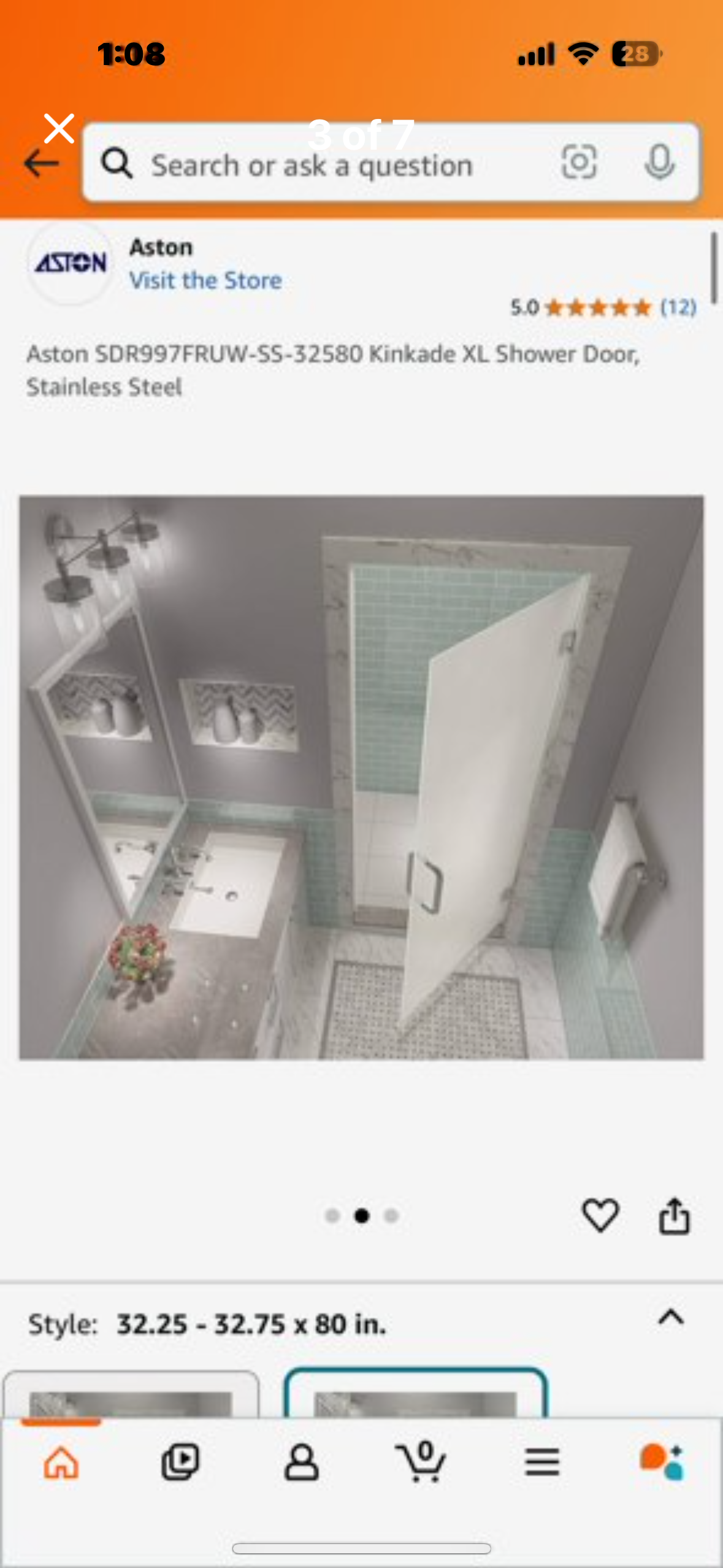 New - Aston Kinkade XL Shower Door, Stainless Steel, SDR997FRUW-SS-32580 (B462)