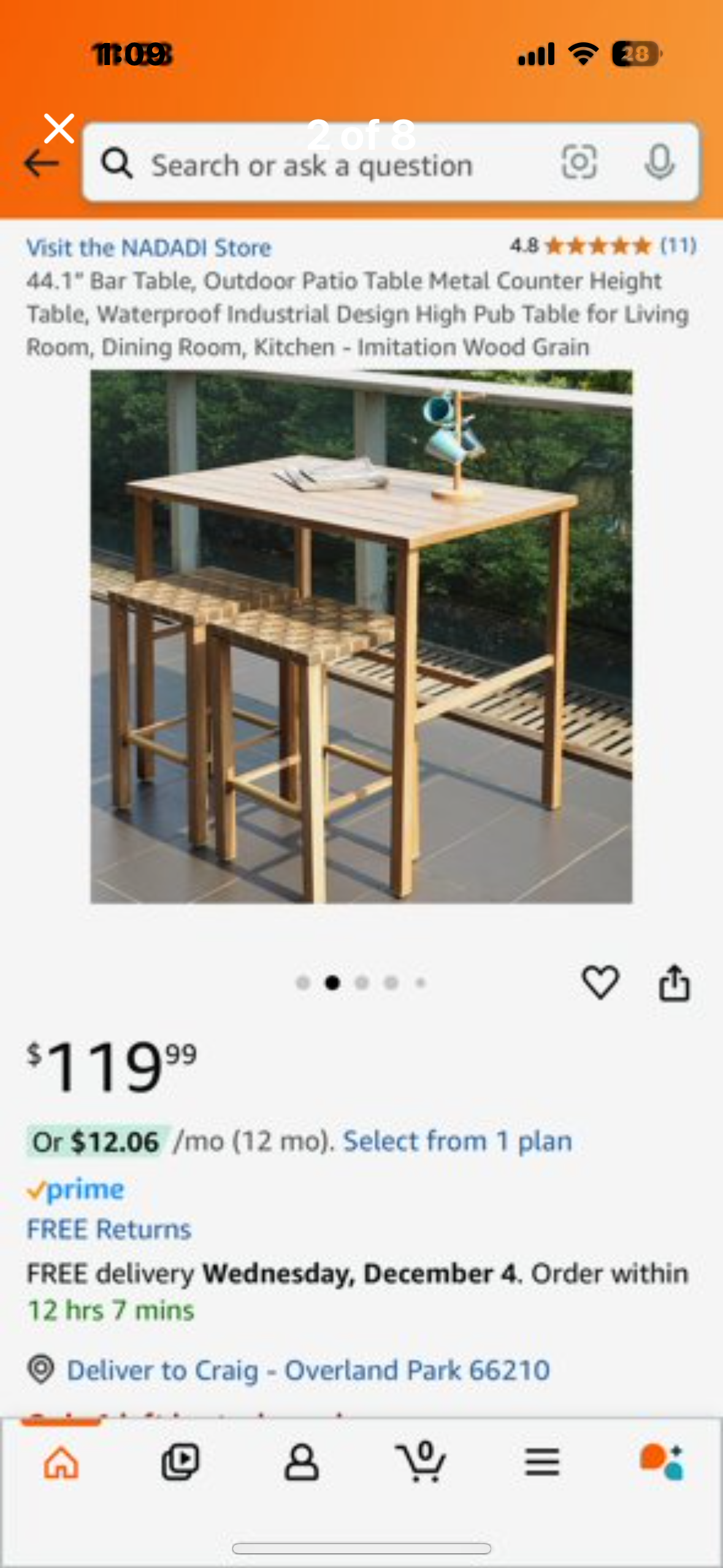 New - 44.1” Outdoor Patio Table Metal Counter Height Bar Table, Waterproof, Industrial Design, High Pub Table for Living Room, Dining Room, Kitchen - Imitation Wood Grain (L435)