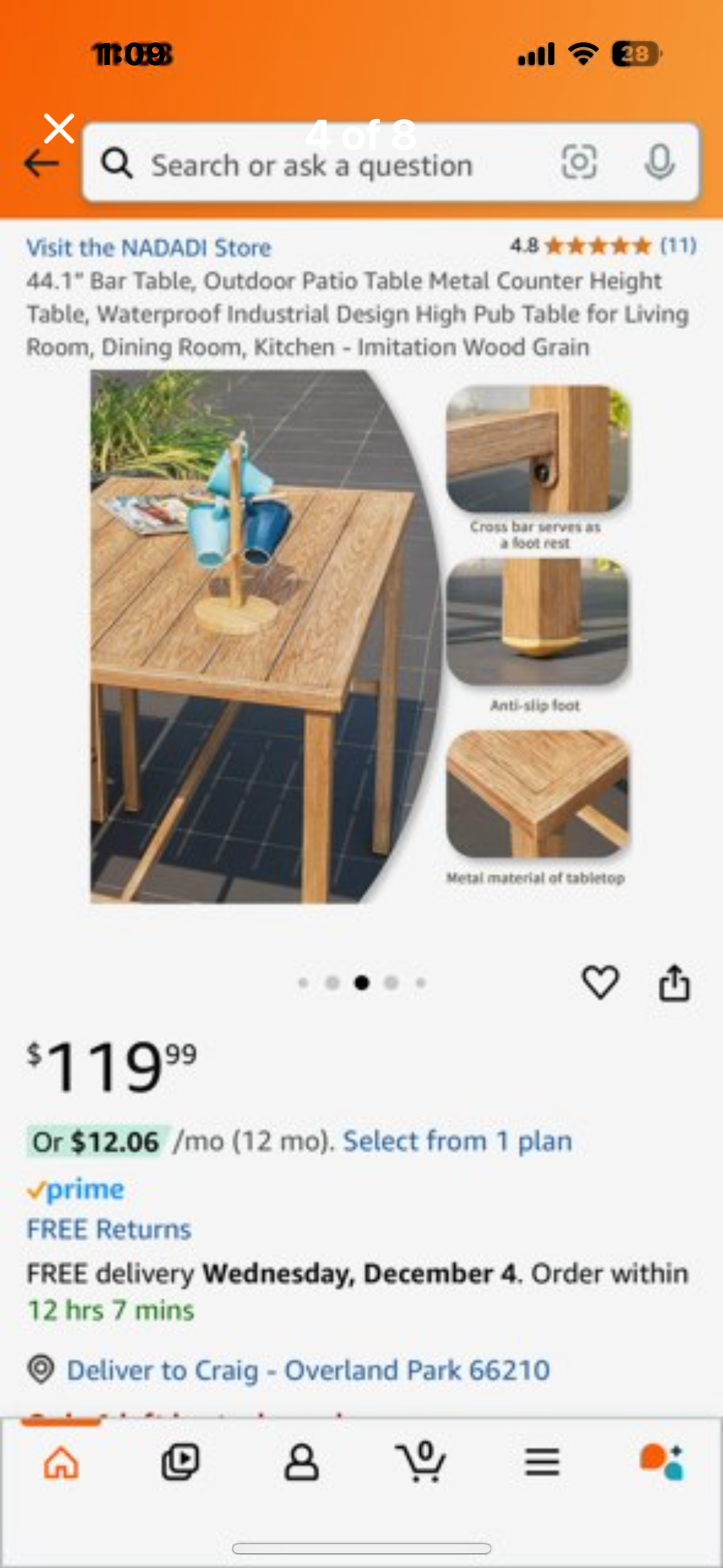 New - 44.1” Outdoor Patio Table Metal Counter Height Bar Table, Waterproof, Industrial Design, High Pub Table for Living Room, Dining Room, Kitchen - Imitation Wood Grain (L435)