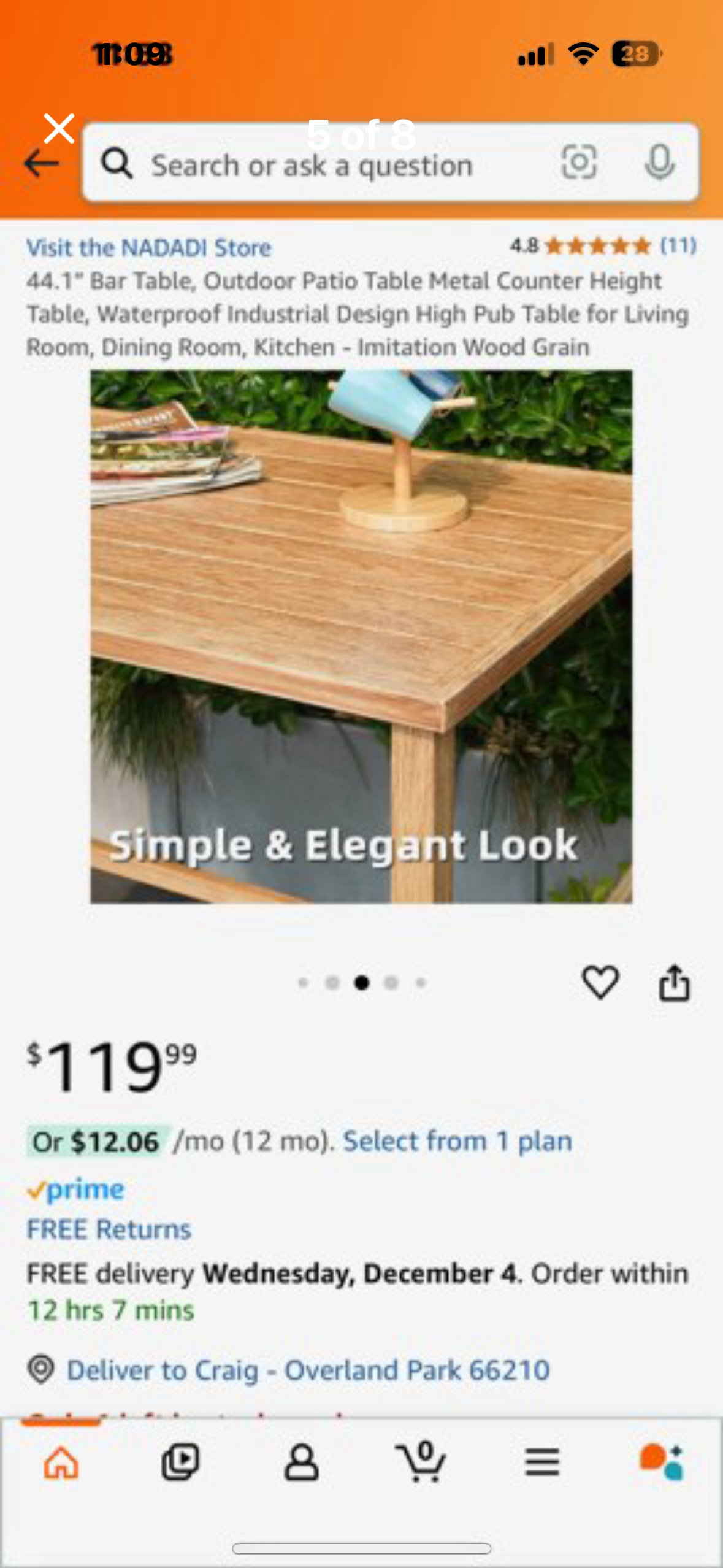 New - 44.1” Outdoor Patio Table Metal Counter Height Bar Table, Waterproof, Industrial Design, High Pub Table for Living Room, Dining Room, Kitchen - Imitation Wood Grain (L435)
