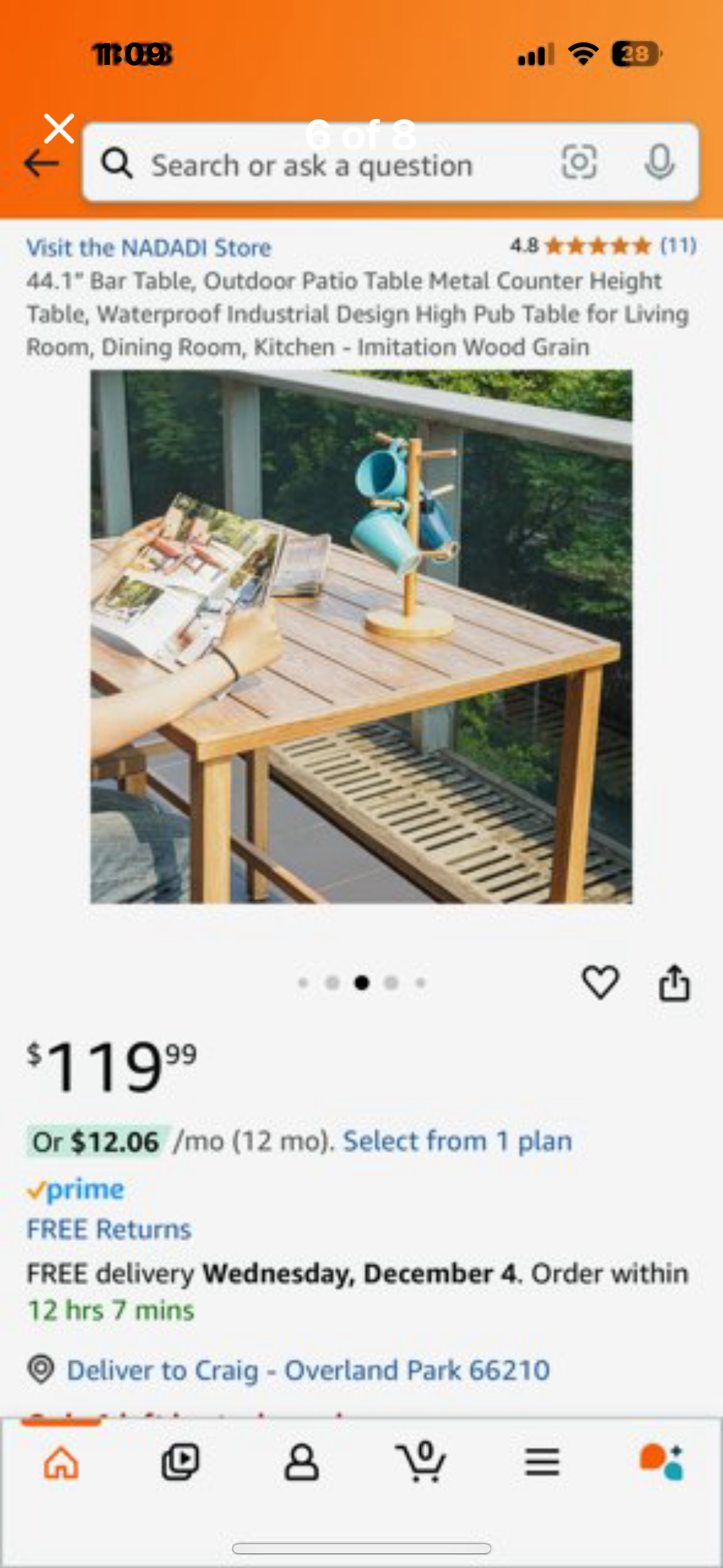 New - 44.1” Outdoor Patio Table Metal Counter Height Bar Table, Waterproof, Industrial Design, High Pub Table for Living Room, Dining Room, Kitchen - Imitation Wood Grain (L435)