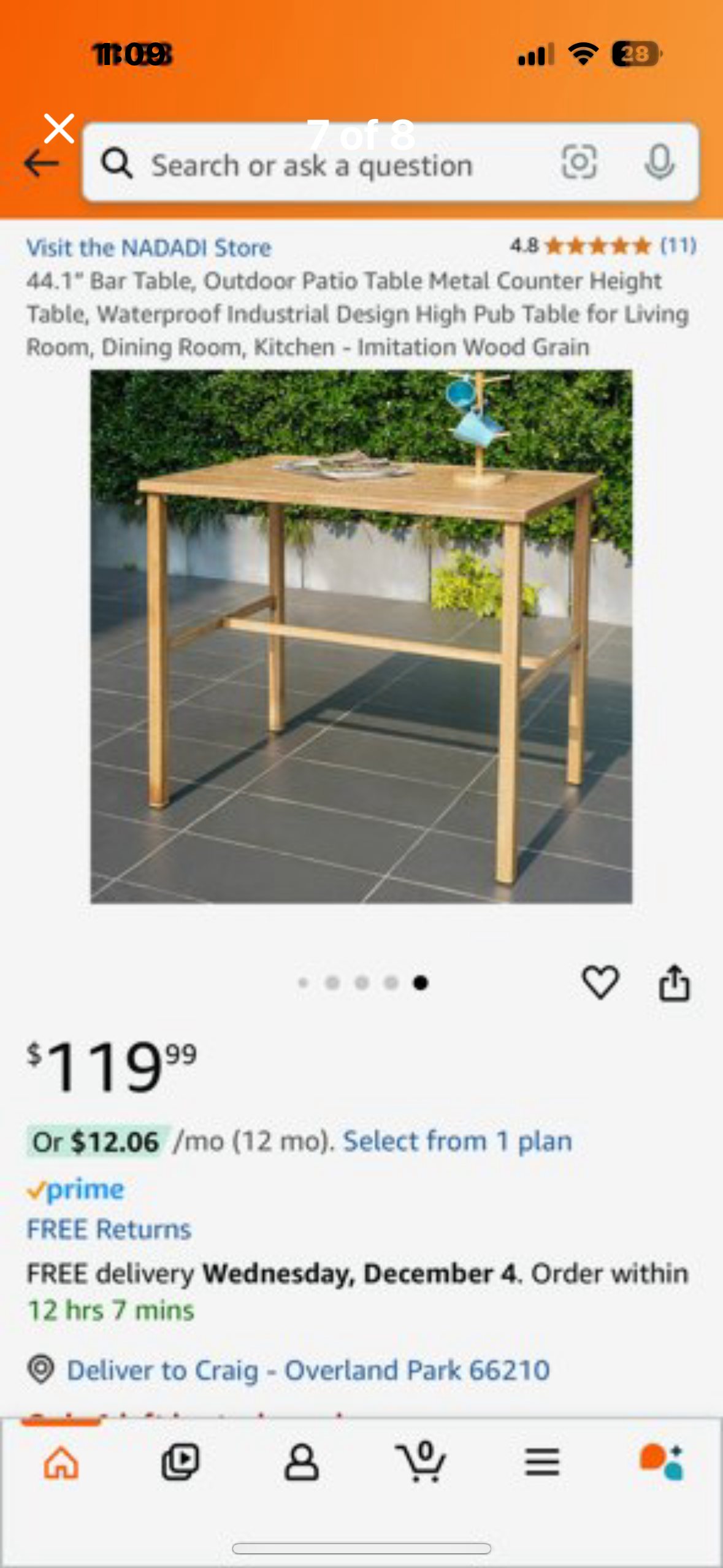 New - 44.1” Outdoor Patio Table Metal Counter Height Bar Table, Waterproof, Industrial Design, High Pub Table for Living Room, Dining Room, Kitchen - Imitation Wood Grain (L435)