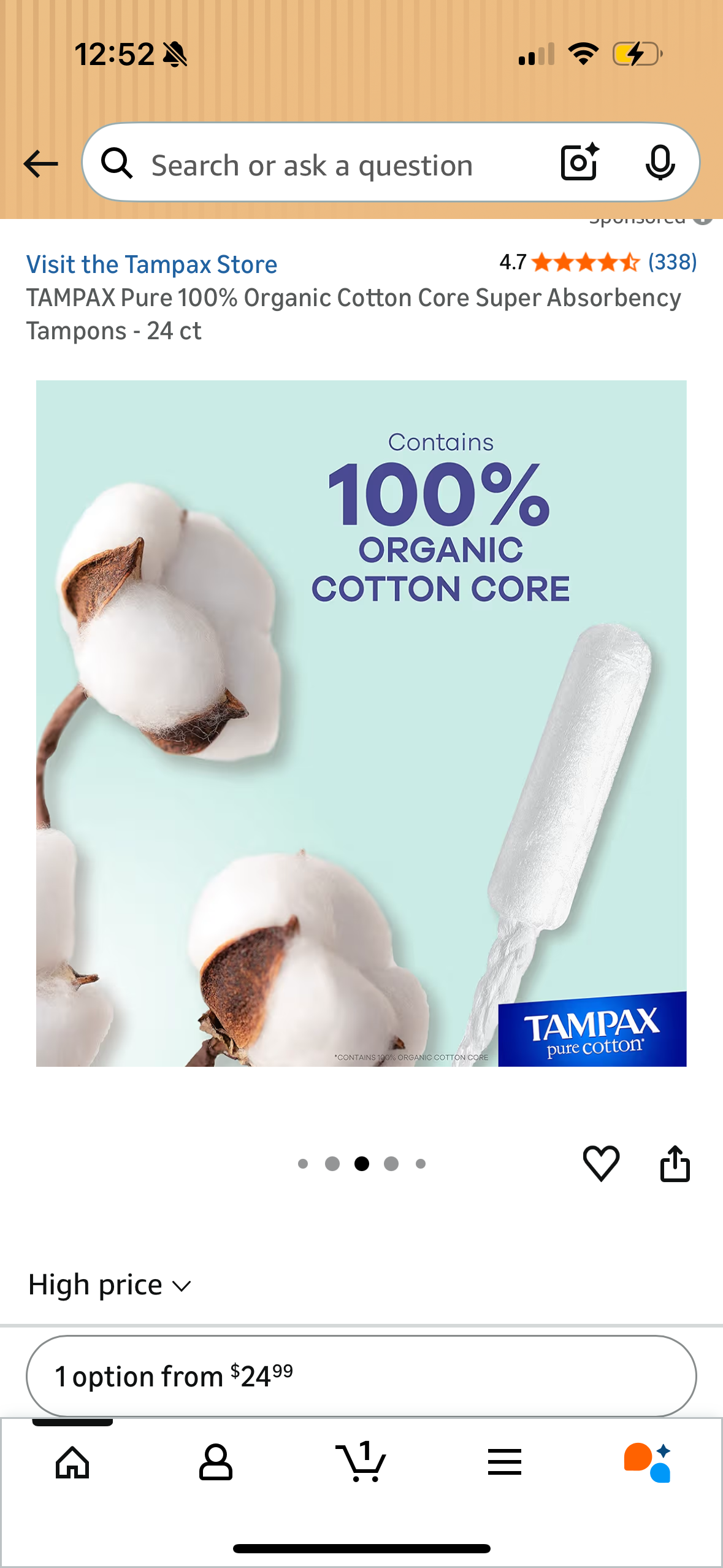 TAMPAX Pure 100% Organic Cotton Core Super Absorbency Tampons - 24 ct