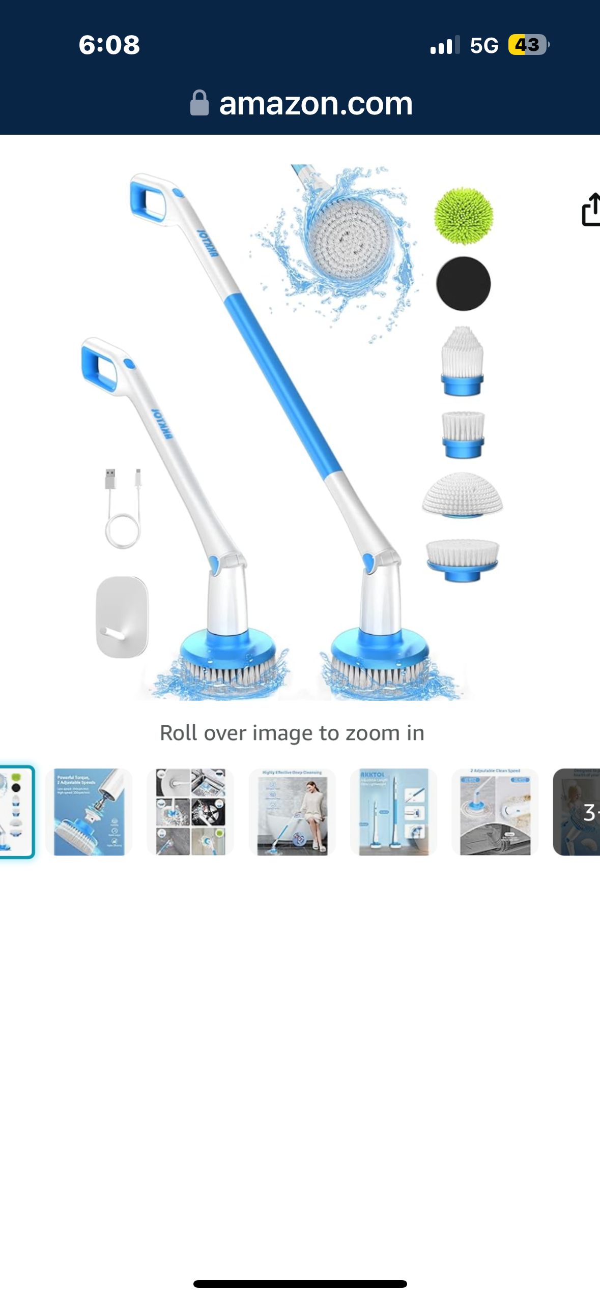 AKKTOL Electric Spin Scrubber, Power Shower Scrubber with 6 Replaceable Waterproof Brush Head, up to 300RPM, 90Mins Runtime, Extension Arm, Cordless Cleaning Brush for Floor, Tub, Tile, Wall, Bathroom