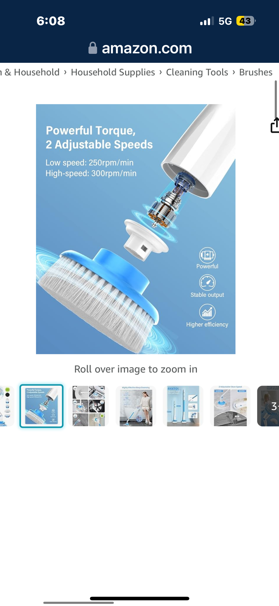 AKKTOL Electric Spin Scrubber, Power Shower Scrubber with 6 Replaceable Waterproof Brush Head, up to 300RPM, 90Mins Runtime, Extension Arm, Cordless Cleaning Brush for Floor, Tub, Tile, Wall, Bathroom