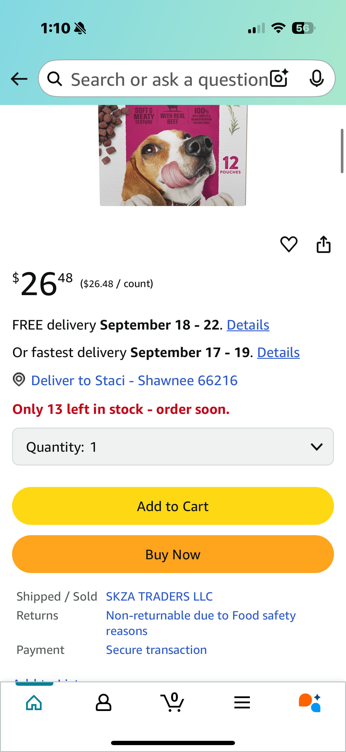 Moist and Meaty Steak Flavor Soft Dog Food Pouches for Adult Dogs, Made with Real Beef, 6 pouches not 12