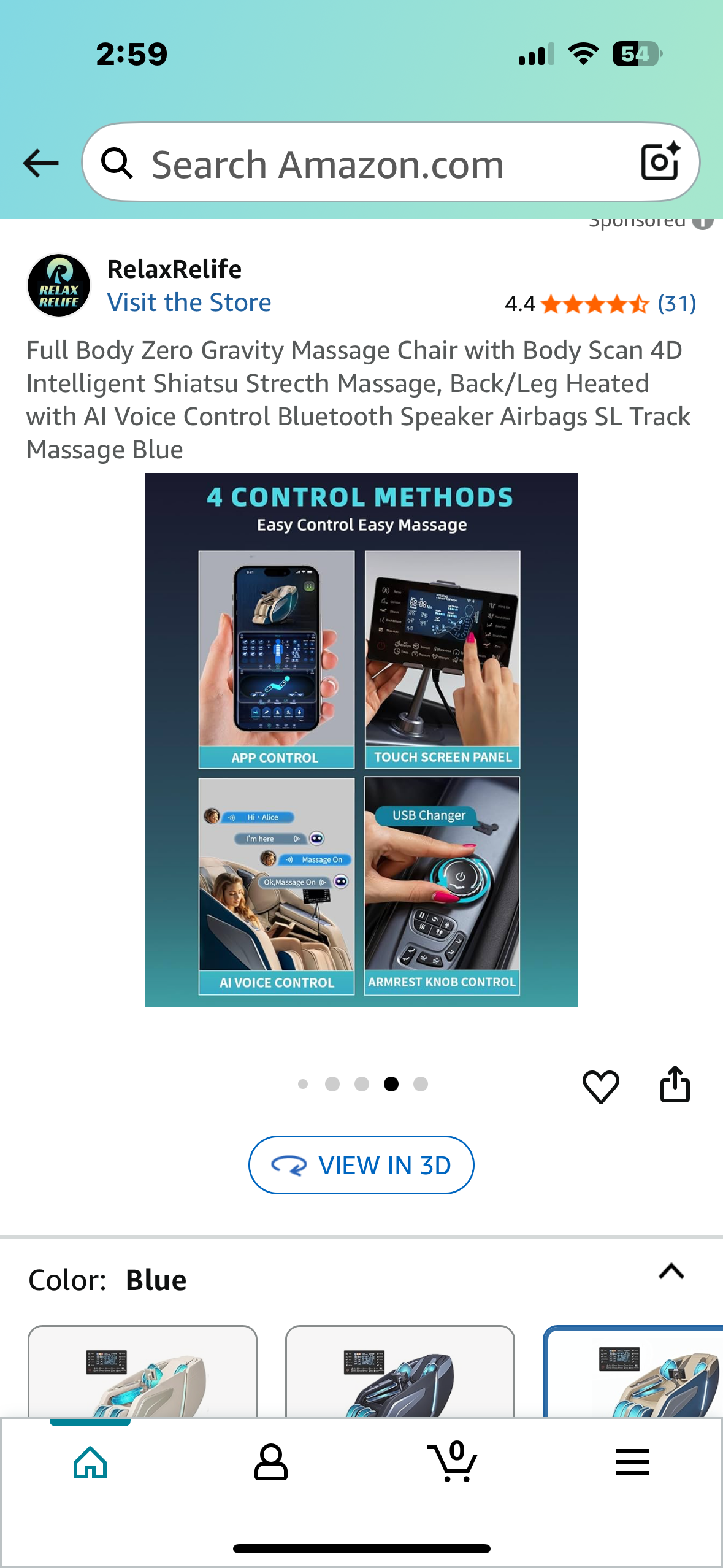 Full Body Zero Gravity Massage Chair with Body Scan, 4D Intelligent Shiatsu Strecth Massage, Back/Leg Heated with Al Voice Control, Bluetooth Speaker, Airbags, SL Track Massage, Blue (R670)