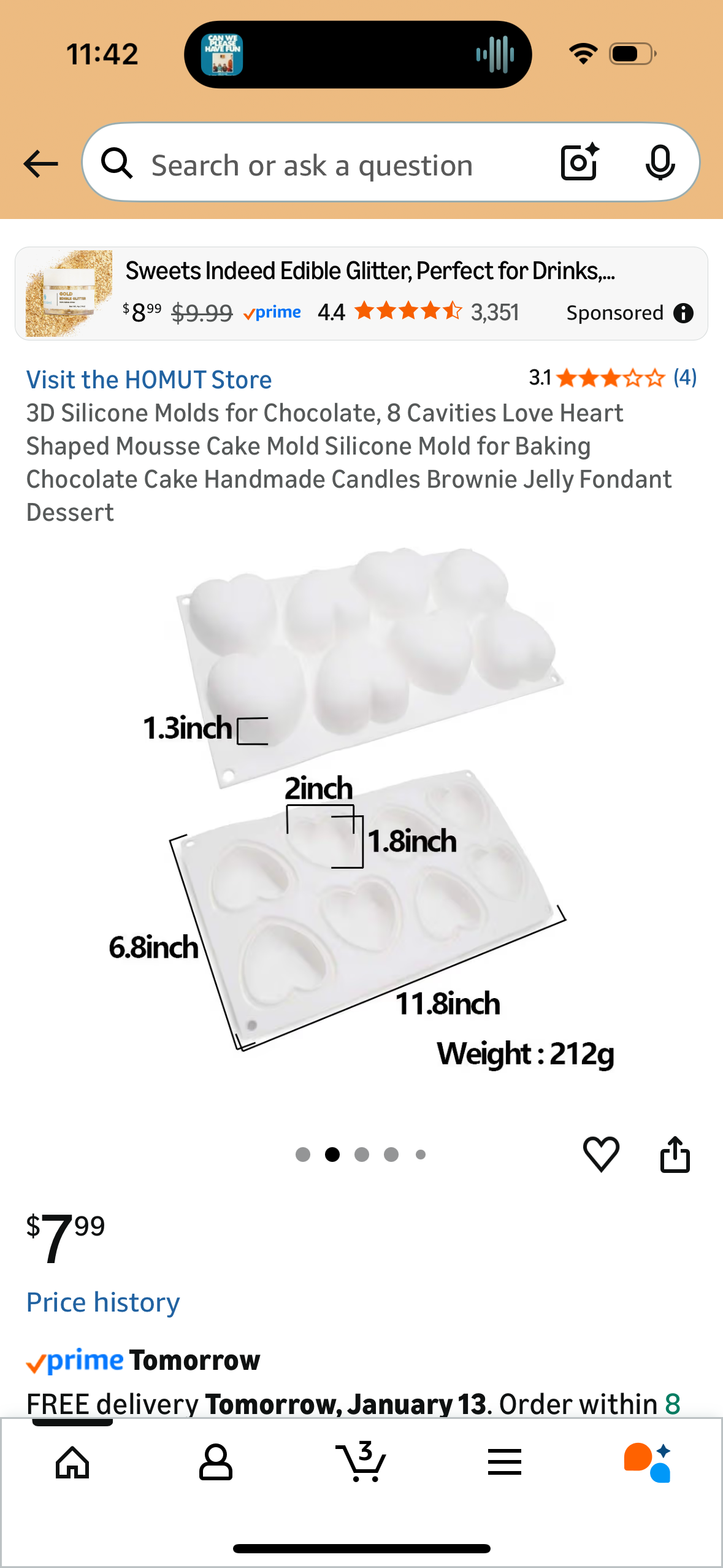 3D Silicone Molds for Chocolate, 8 Cavities Love Heart Shaped Mousse Cake Mold Silicone Mold for Baking Chocolate Cake Handmade Candles Brownie Jelly Fondant Dessert
