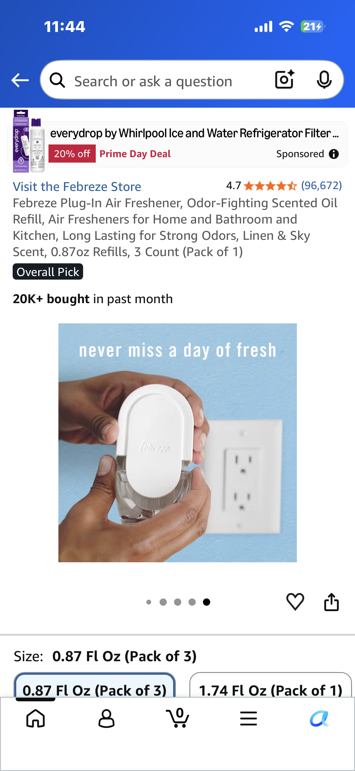 Febreze Plug-In Air Freshener, Odor-Fighting Scented Oil Refill, Air Fresheners for Home and Bathroom and Kitchen, Long Lasting for Strong Odors, Linen & Sky Scent, 0.87oz Refills, 3 Count