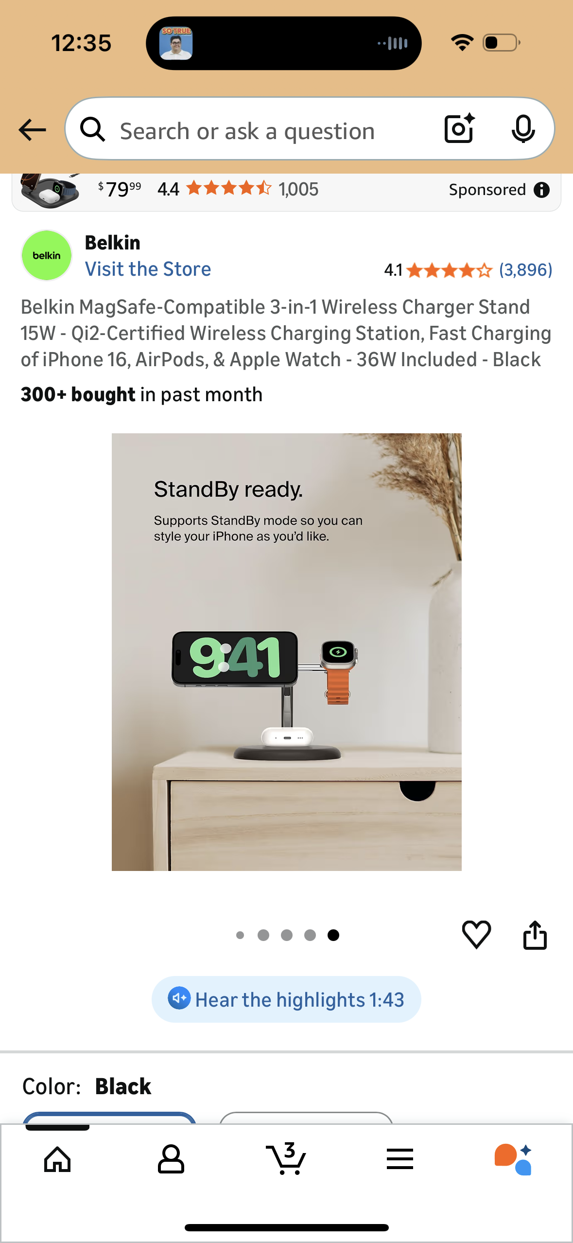 Belkin MagSafe-Compatible 3-in-1 Wireless Charger Stand 15W - Qi2-Certified Wireless Charging Station, Fast Charging of iPhone 16, AirPods, & Apple Watch - 36W Included - Black