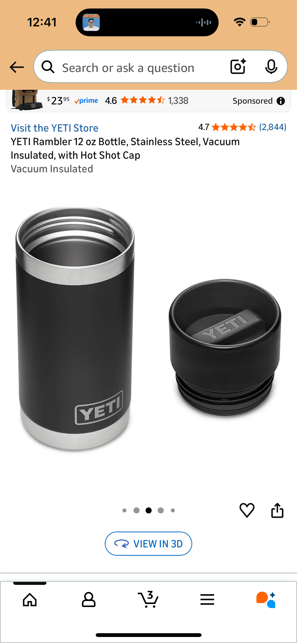 YETI Rambler 12 oz Bottle, Stainless Steel, Vacuum Insulated, with Hot Shot Cap