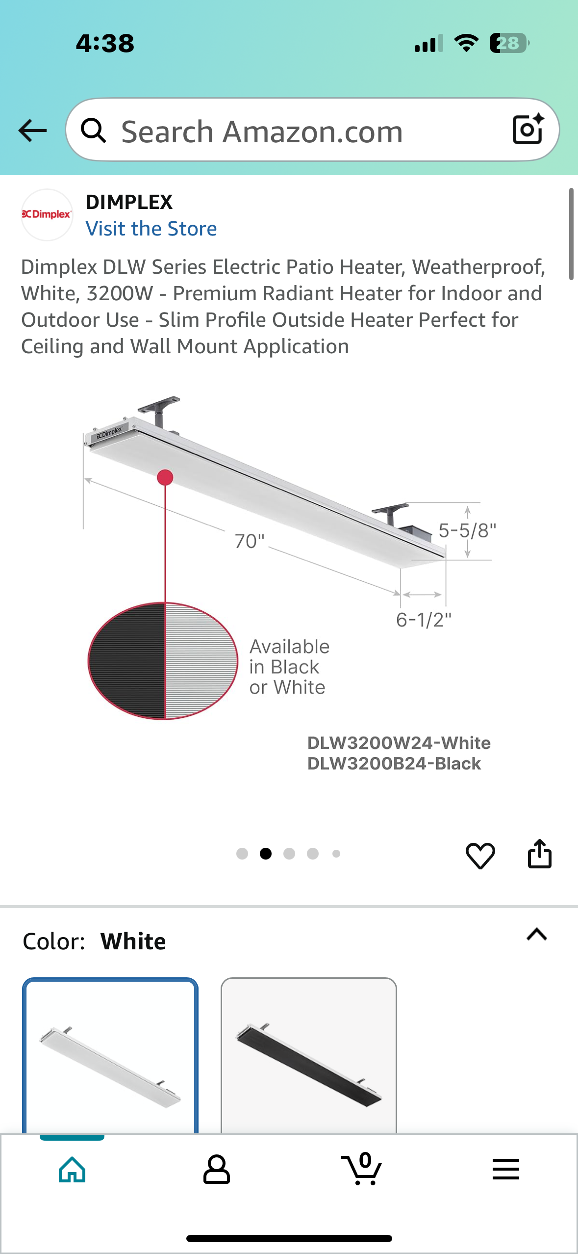 Dimplex DLW Series Electric Patio Heater, Weatherproof, White, 3200W - Premium Radiant Heater for Indoor and Outdoor Use - Slim Profile Outside Heater Perfect for Ceiling and Wall Mount Application (R672)