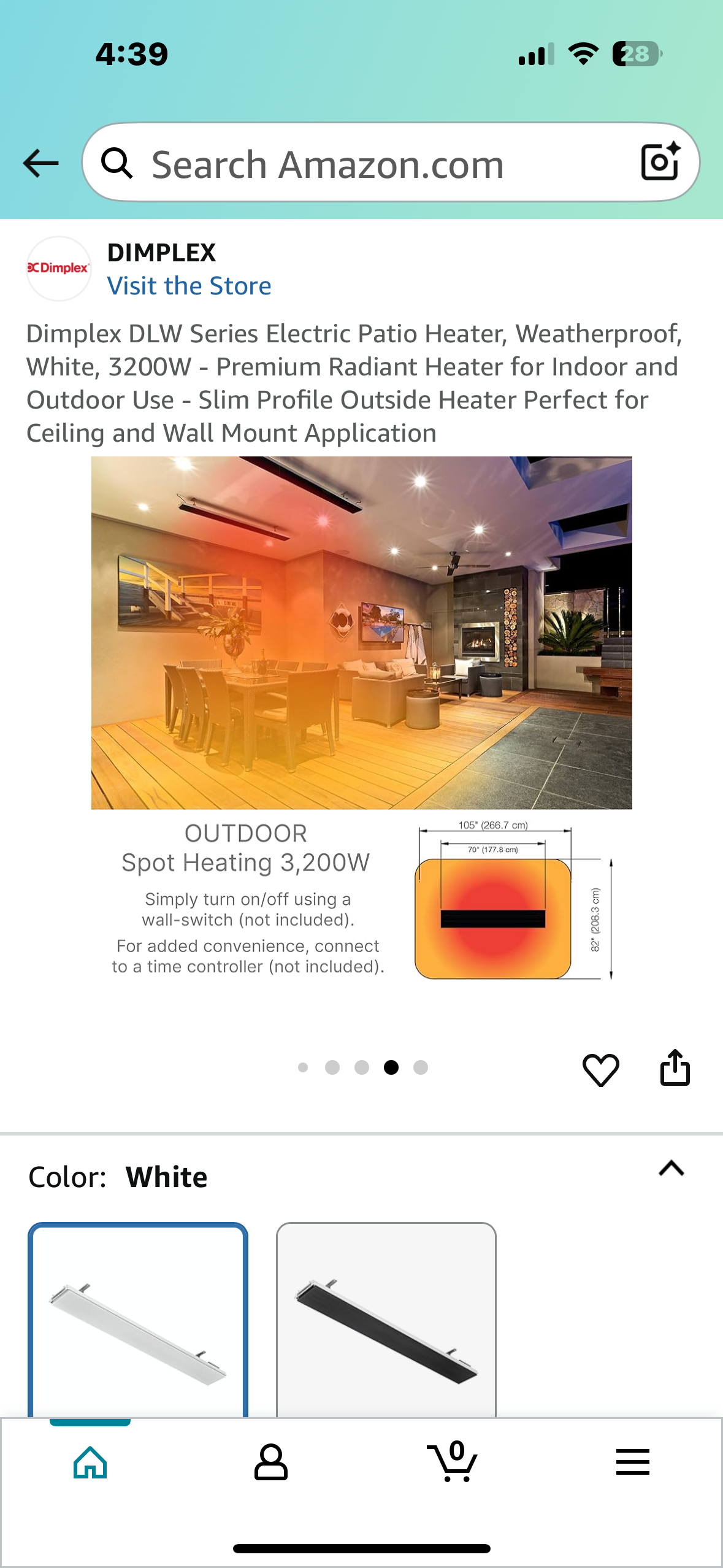 Dimplex DLW Series Electric Patio Heater, Weatherproof, White, 3200W - Premium Radiant Heater for Indoor and Outdoor Use - Slim Profile Outside Heater Perfect for Ceiling and Wall Mount Application (R672)