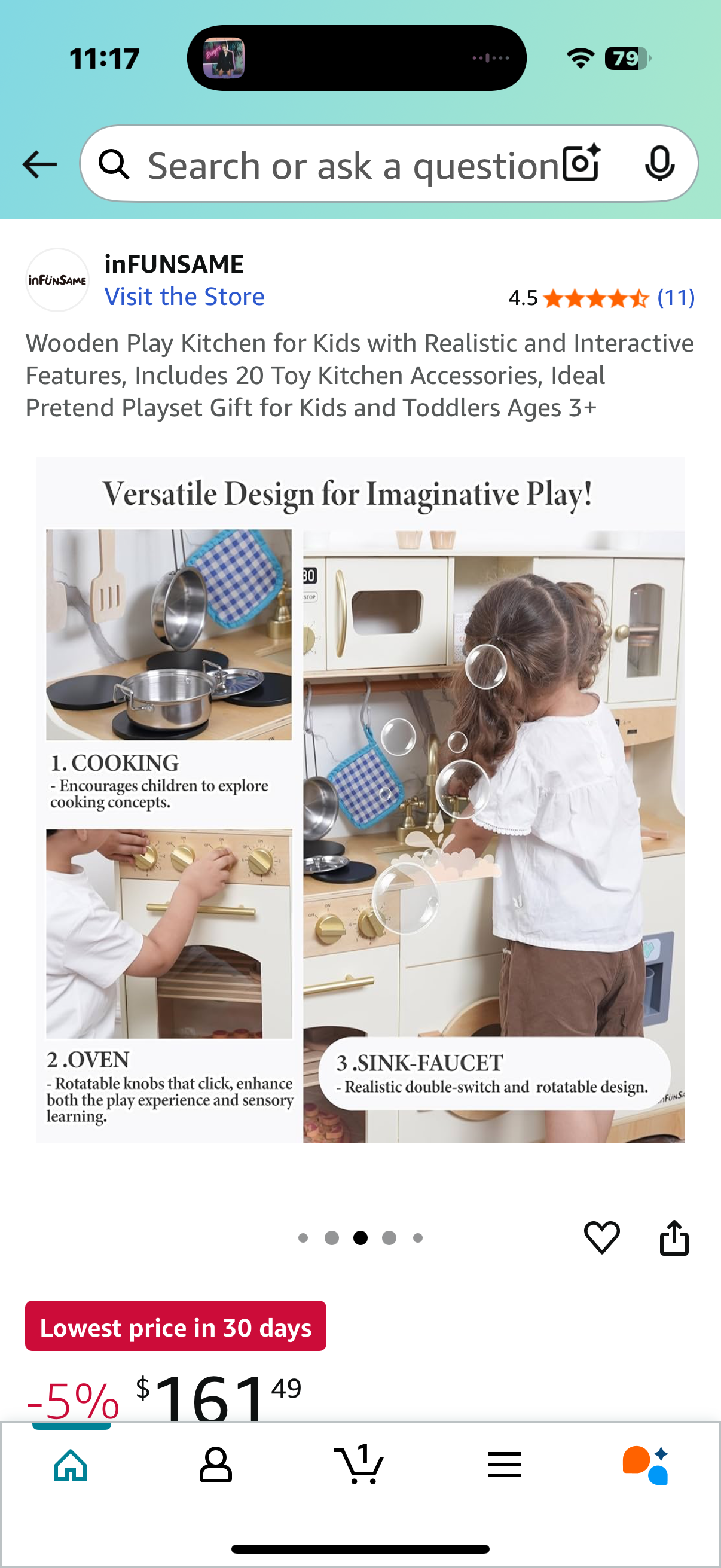 Wooden Play Kitchen for Kids with Realistic and Interactive Features, Includes 20 Toy Kitchen Accessories, Ideal Pretend Playset Gift for Kids and Toddlers Ages 3+