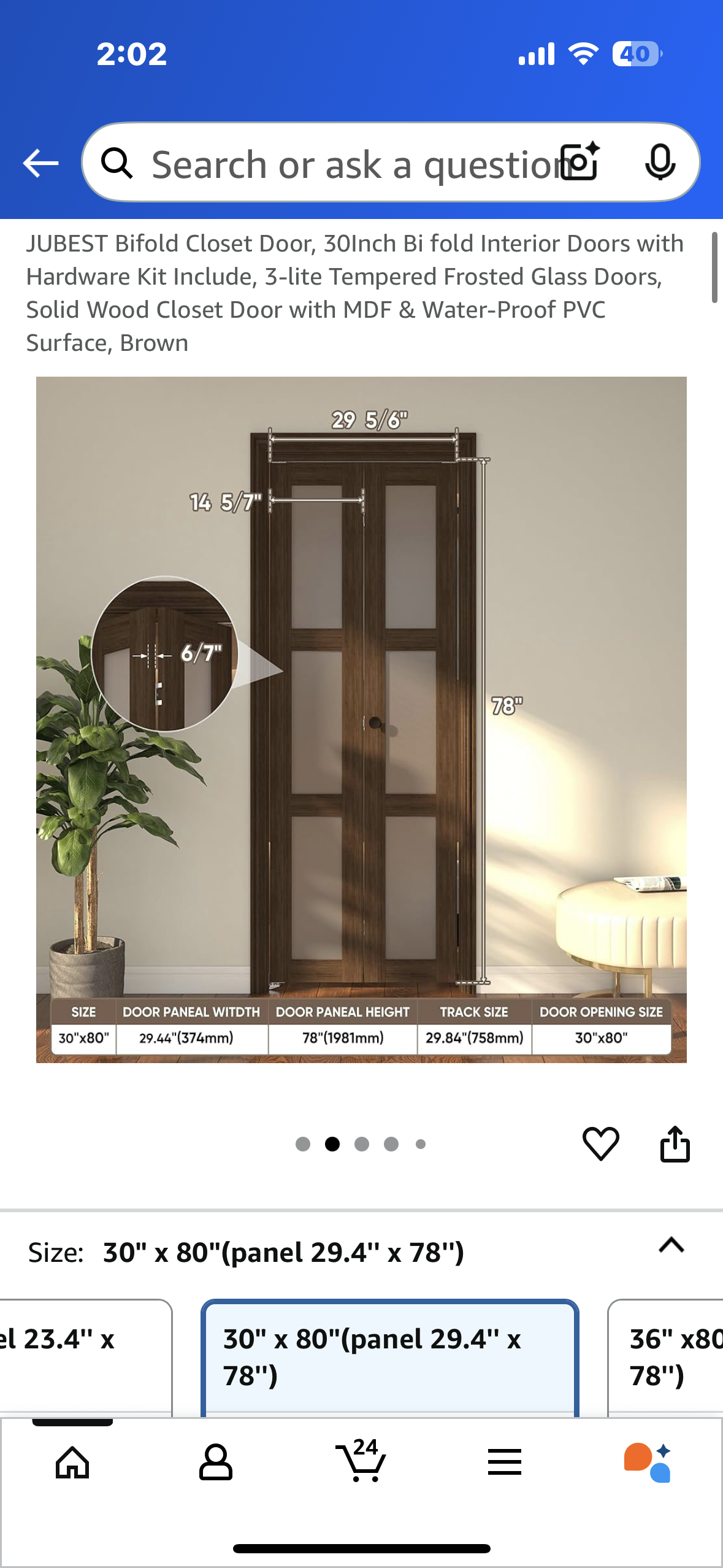 New - JUBEST Bifold Closet Door, 30” Bi fold Interior Doors with Hardware Kit Included, 3-lite Tempered Frosted Glass Panels, Solid Wood Door with MDF & Water-Proof PVC Surface, Brown (L927)