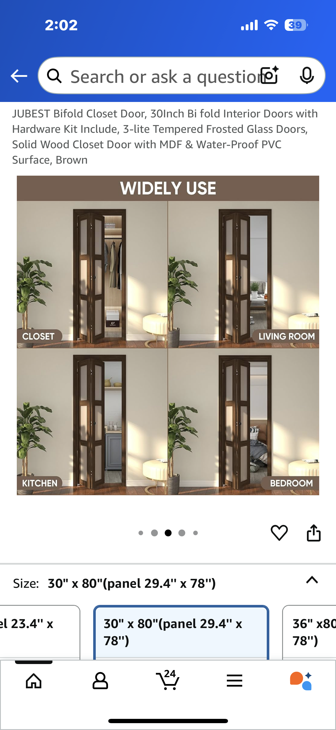 New - JUBEST Bifold Closet Door, 30” Bi fold Interior Doors with Hardware Kit Included, 3-lite Tempered Frosted Glass Panels, Solid Wood Door with MDF & Water-Proof PVC Surface, Brown (L927)