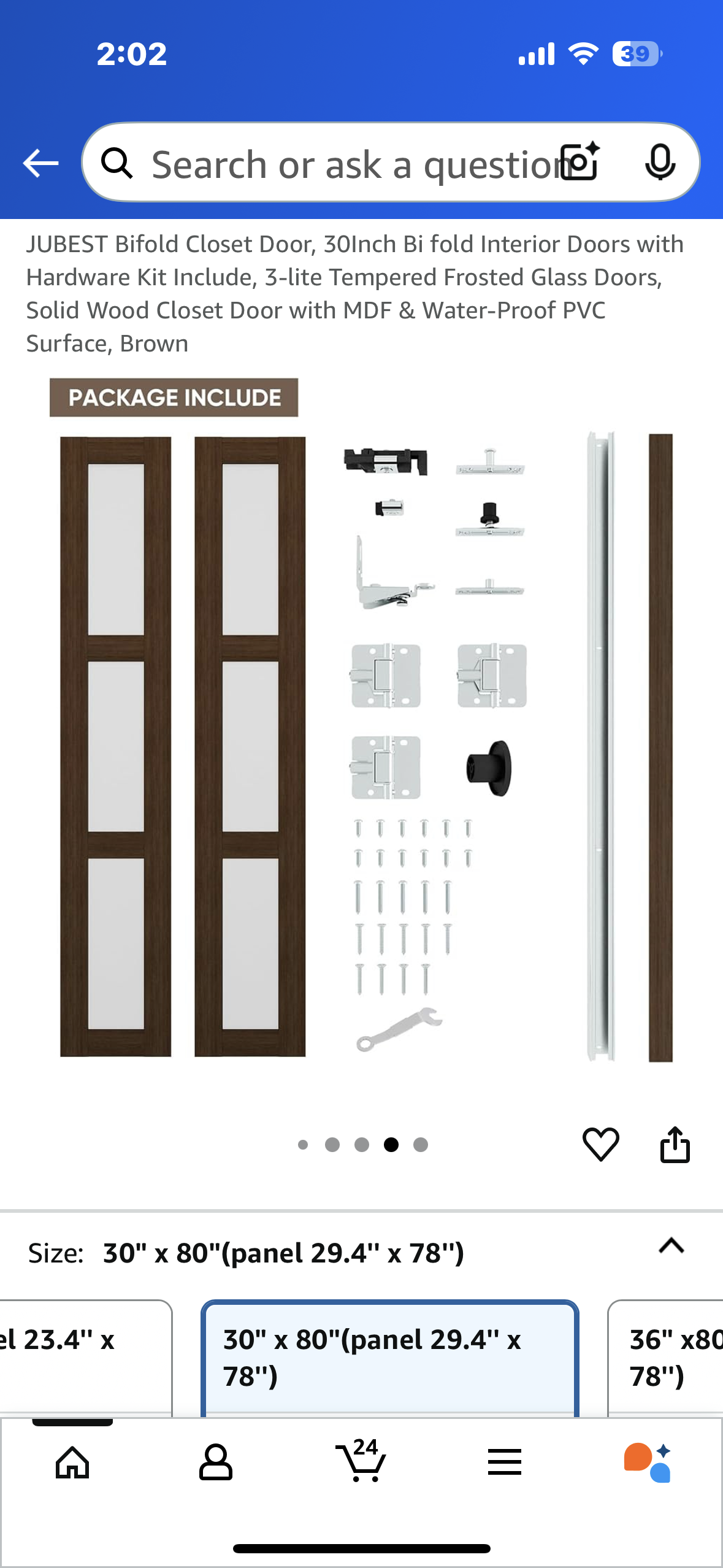 New - JUBEST Bifold Closet Door, 30” Bi fold Interior Doors with Hardware Kit Included, 3-lite Tempered Frosted Glass Panels, Solid Wood Door with MDF & Water-Proof PVC Surface, Brown (L927)