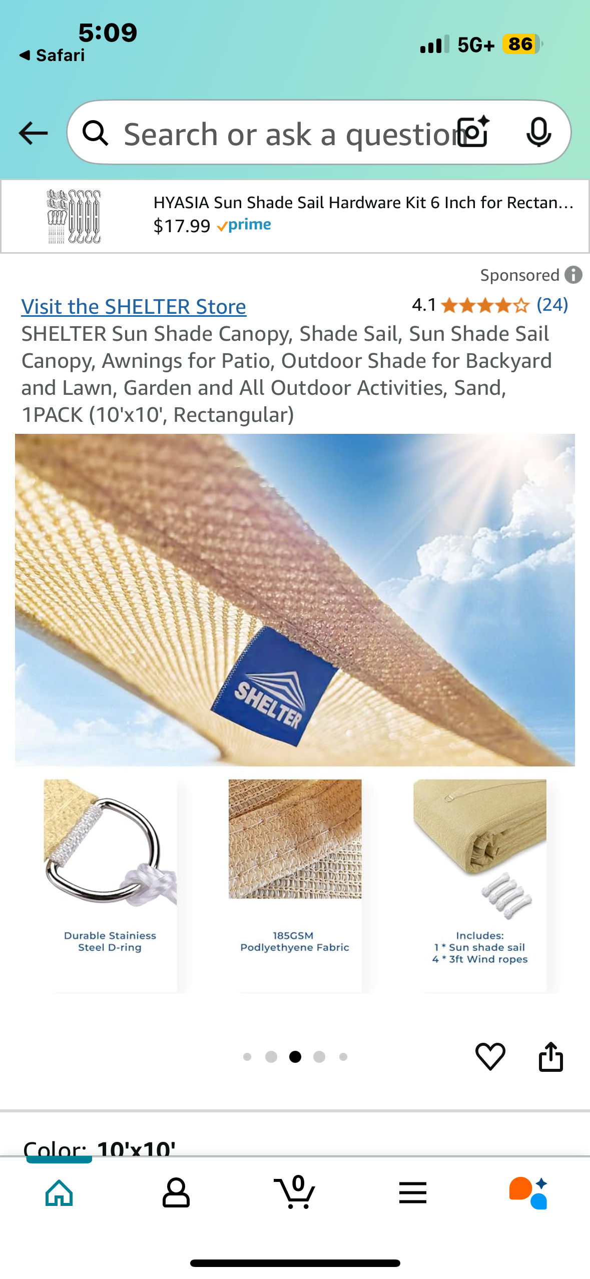 SHELTER Sun Shade Canopy, Shade Sail, Sun Shade Sail Canopy, Awnings for Patio, Outdoor Shade for Backyard and Lawn, Garden and All Outdoor Activities, Sand, 1PACK (10'x10', Rectangular