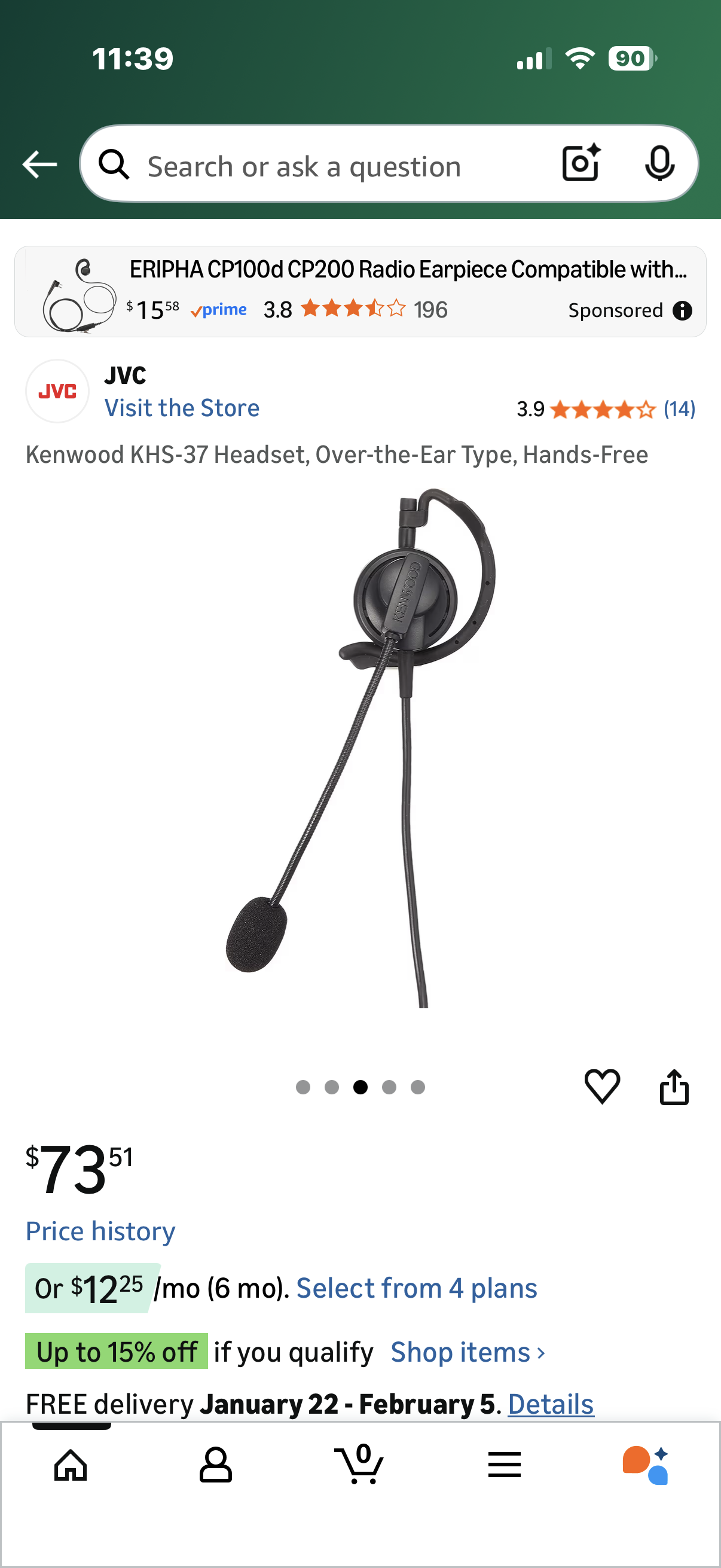 Kenwood KHS-37 Headset, Over-the-Ear Type, Hands-Free