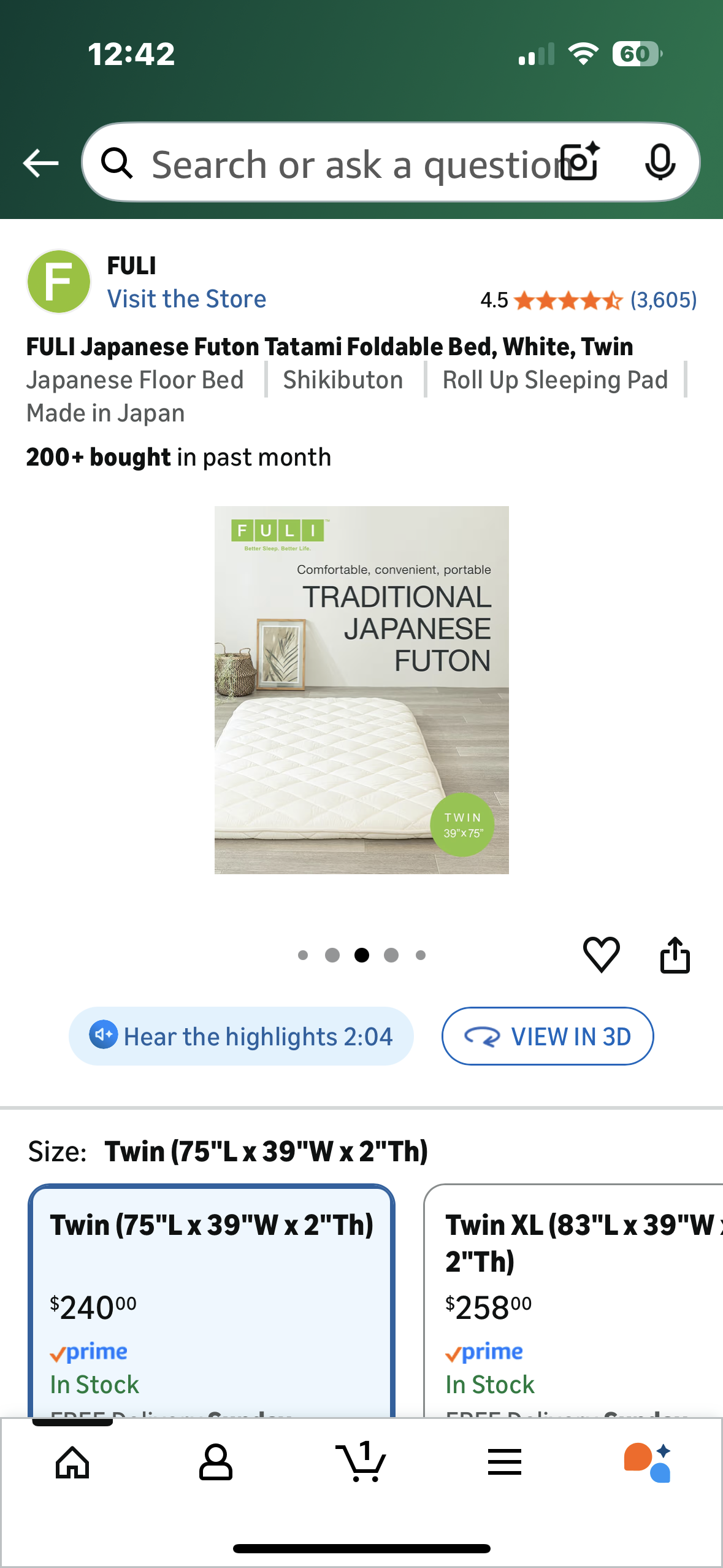 FULI Twin Size Japanese Futon Tatami Foldable Bed, White, Japanese Floor Bed, Shikibuton Roll Up Sleeping Pad, Made in Japan (B1161)