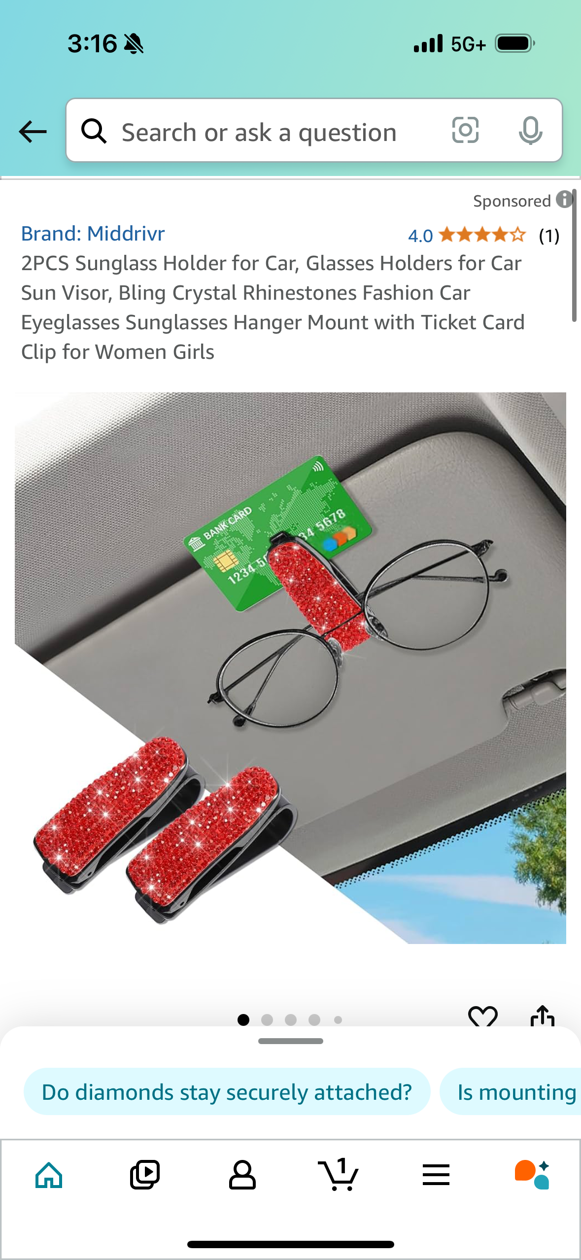 2PCS Sunglass Holder for Car, Glasses Holders for Car Sun Visor, Bling Crystal Rhinestones Fashion Car Eyeglasses Sunglasses Hanger Mount with Ticket Card Clip for Women Girls
