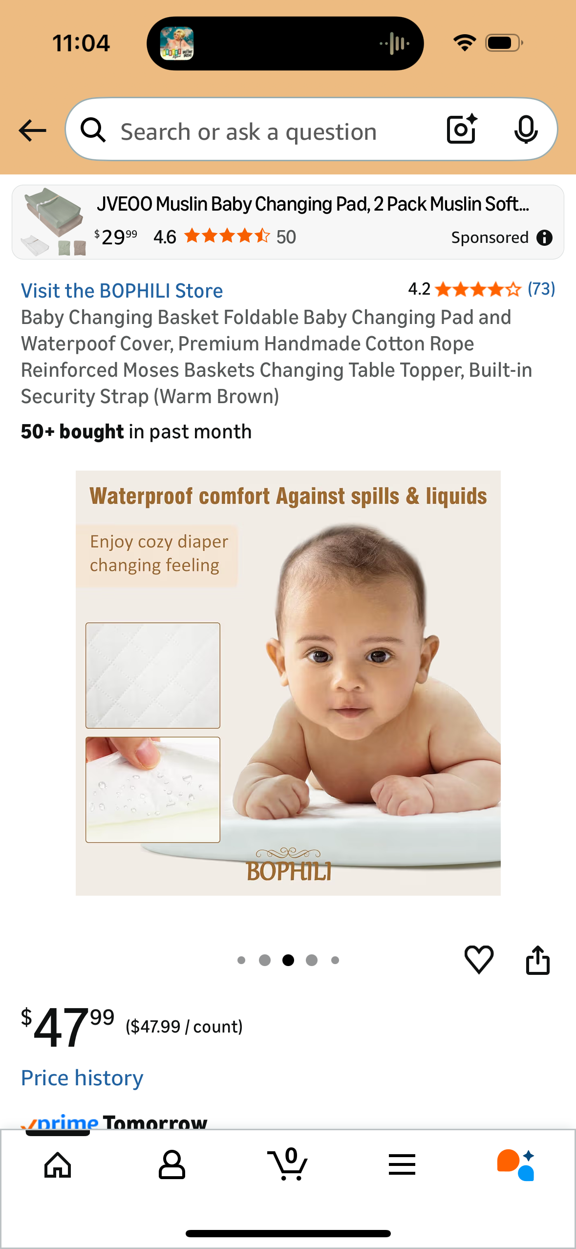 Baby Changing Basket Foldable Baby Changing Pad and Waterpoof Cover, Premium Handmade Cotton Rope Reinforced Moses Baskets Changing Table Topper, Built-in Security Strap (Warm Brown)