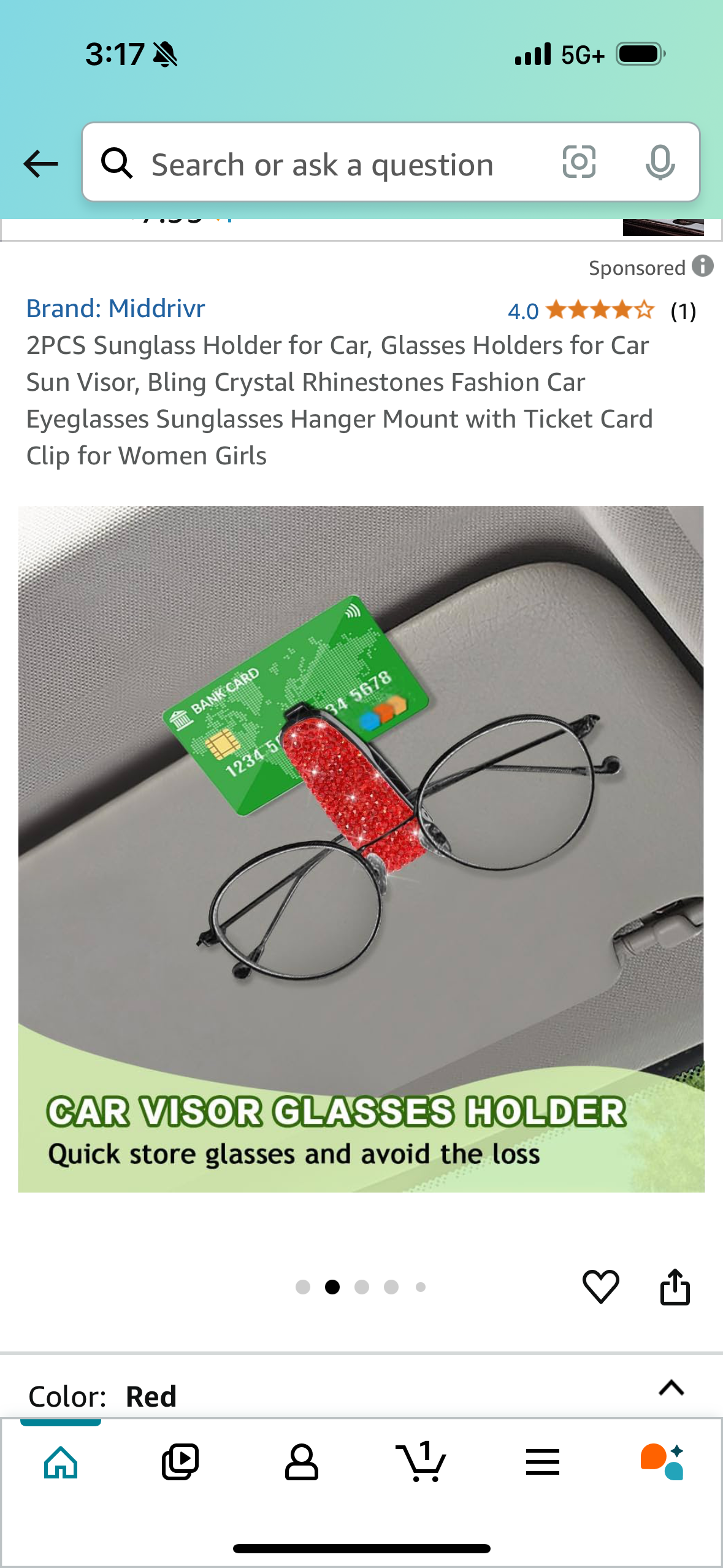 2PCS Sunglass Holder for Car, Glasses Holders for Car Sun Visor, Bling Crystal Rhinestones Fashion Car Eyeglasses Sunglasses Hanger Mount with Ticket Card Clip for Women Girls