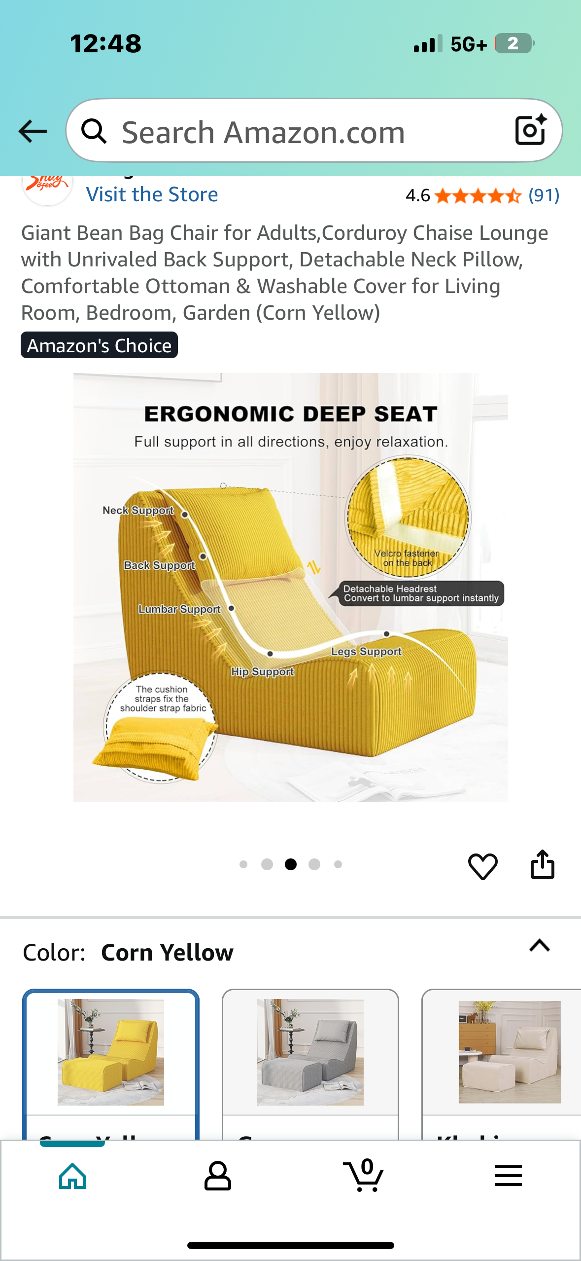Giant Bean Bag Chair for Adults,Corduroy Chaise Lounge with Unrivaled Back Support, Detachable Neck Pillow, Comfortable Ottoman & Washable Cover (Corn Yellow) (L1017)