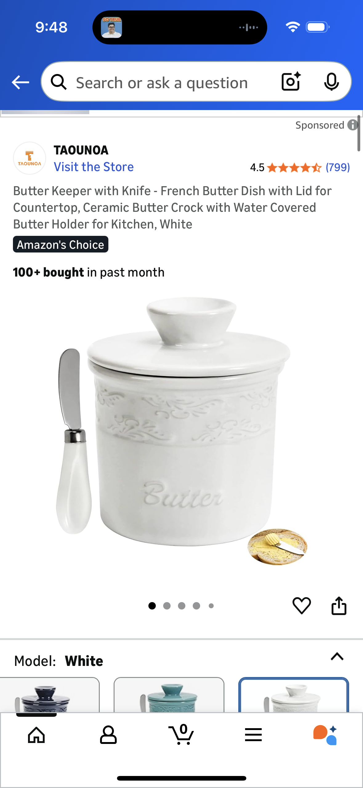 Butter Keeper with Knife - French Butter Dish with Lid for Countertop, Ceramic Butter Crock with Water Covered Butter Holder for Kitchen, White